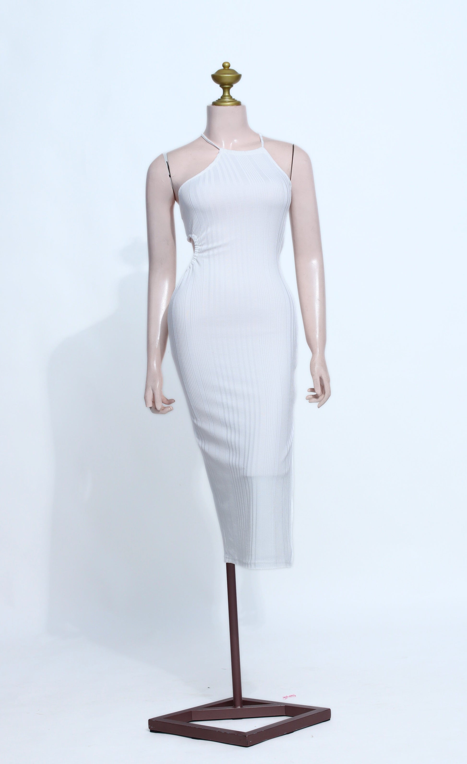 Chic White Halter Neck Midi Dress - Cotton Spandex Bodycon Cocktail Gown - W35