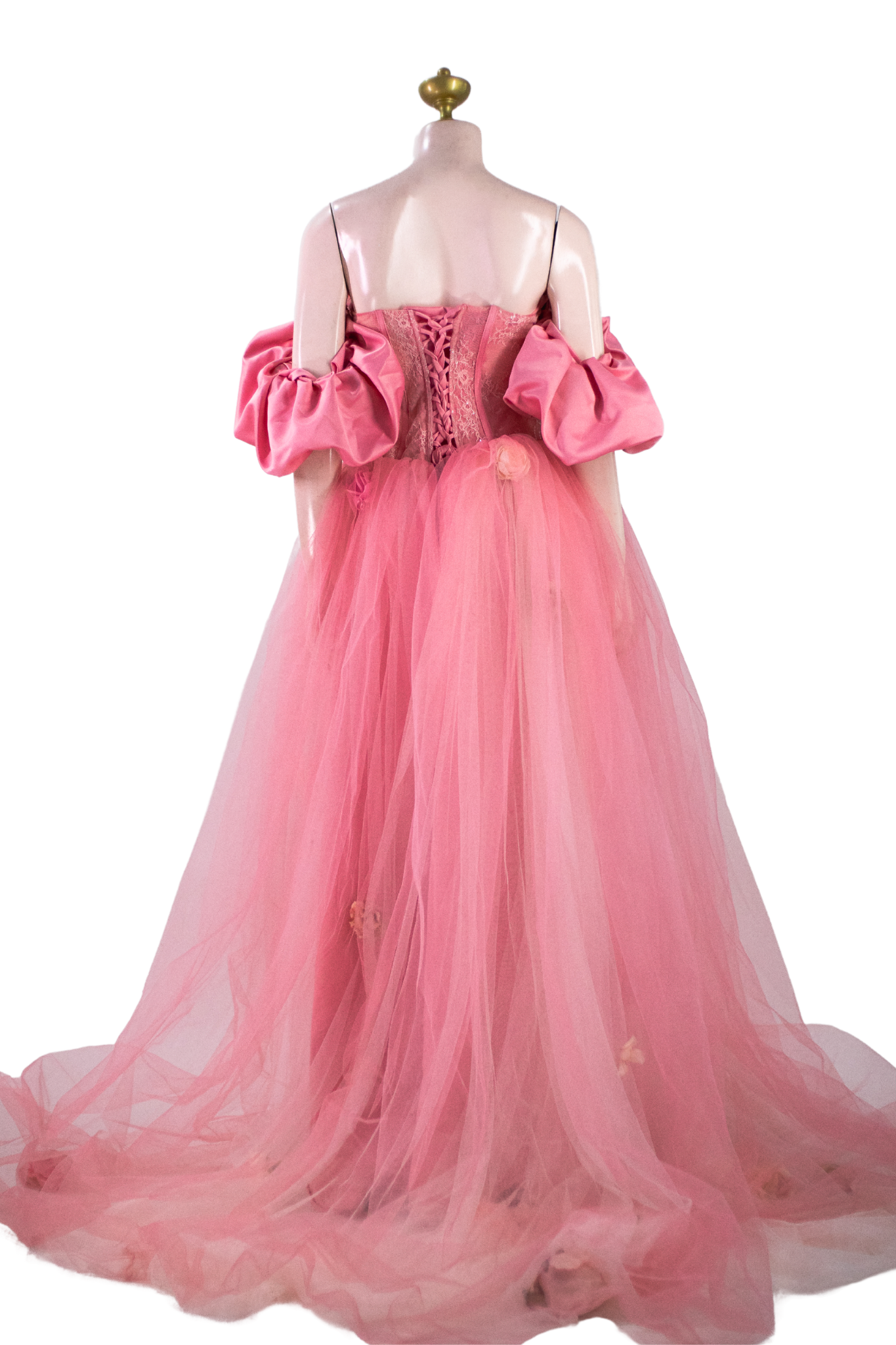 Salmon Pink Satin Corset Gown | Lace and Tulle Ballgown Maxi Dress - P02