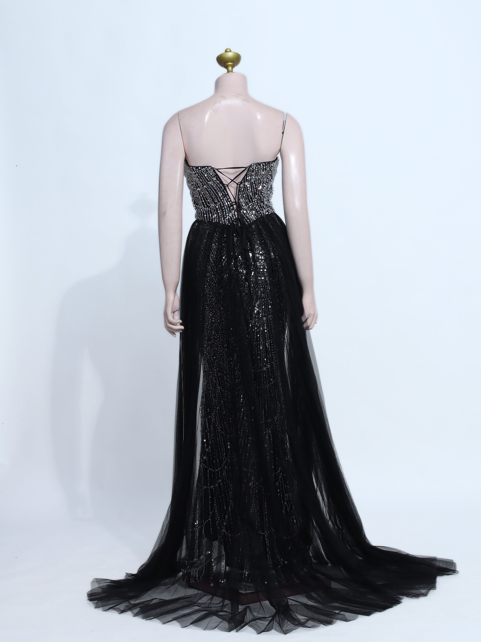 Beaded Black Tulle Slit Gown - B26