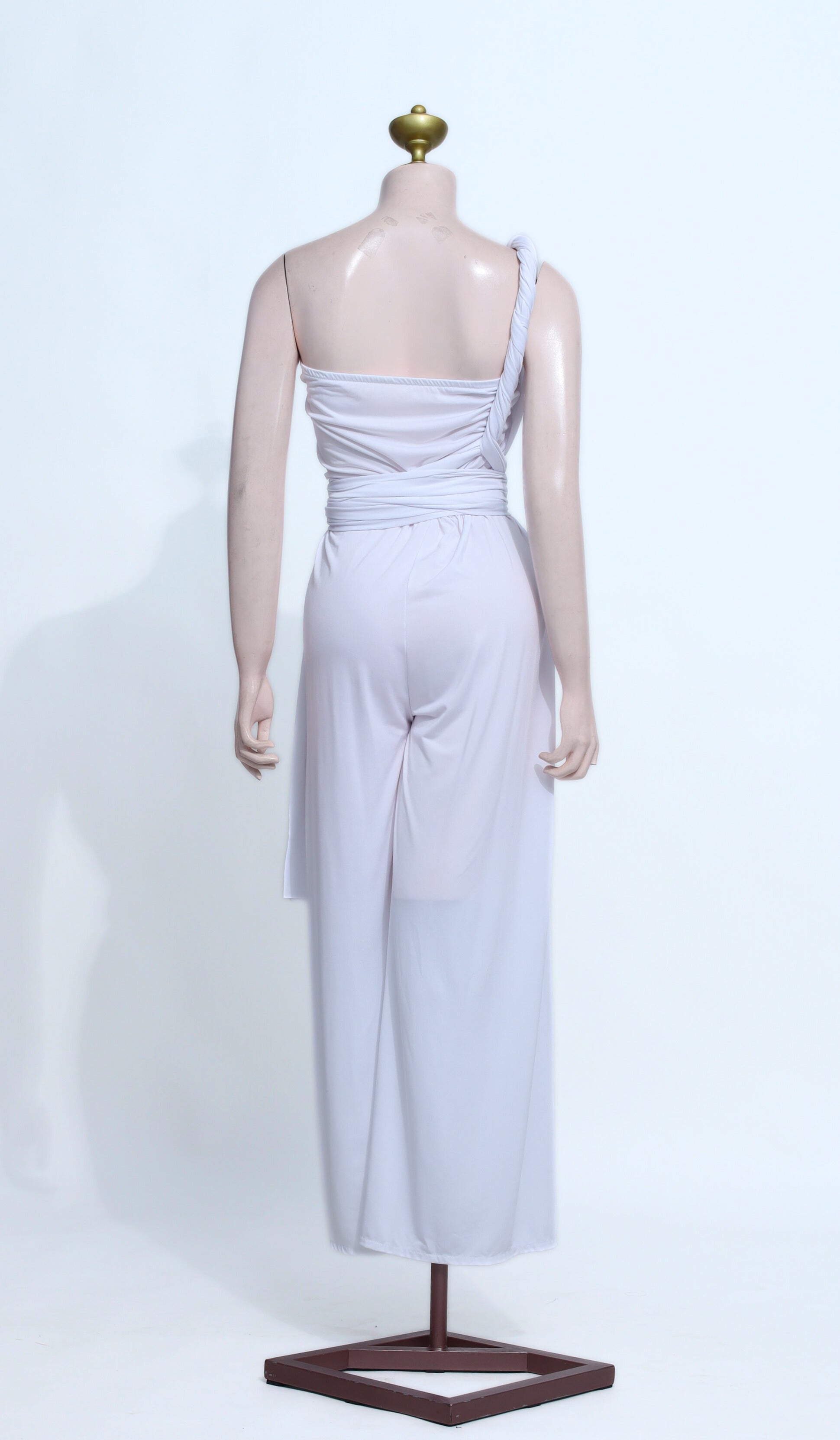 Comfort Stretch Cotton Spandex Multi-Wrap Jumpsuit | One-Shoulder Wide Leg - W31