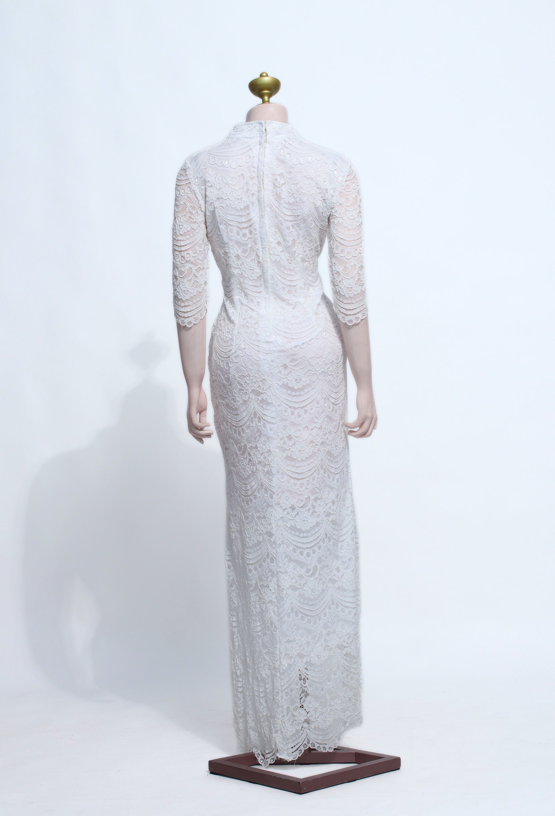 White Bodycon Mermaid Lace Gown | Fitted Long Sleeve Tie Bust Zipper Back - SW20