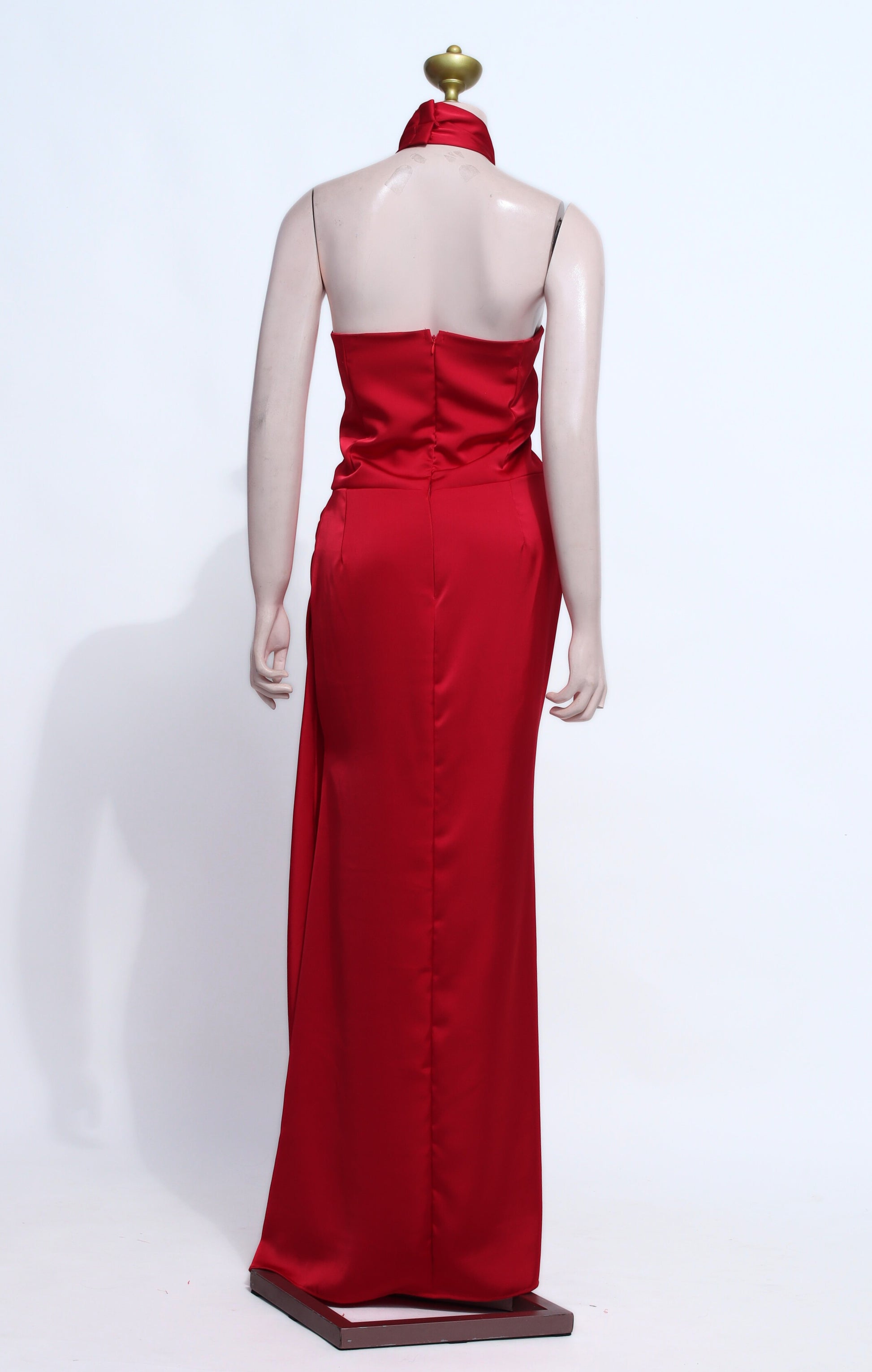 Red Halter Neck Formal Dress | Zipper Back Satin - R08