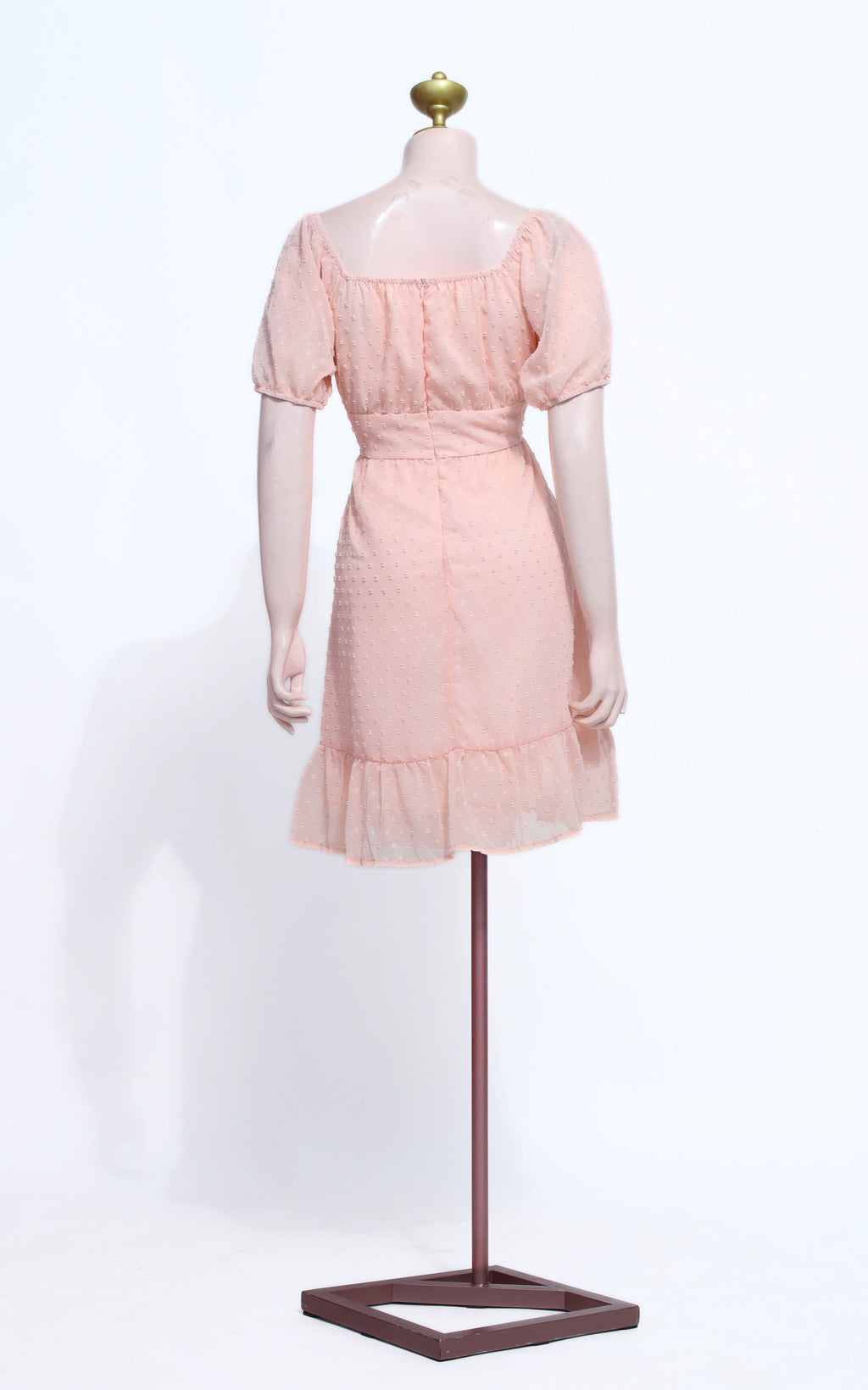 Peach Short Dress | Puff Sleeve Square Neck Textured Ruffle Hem Zipper - SP12