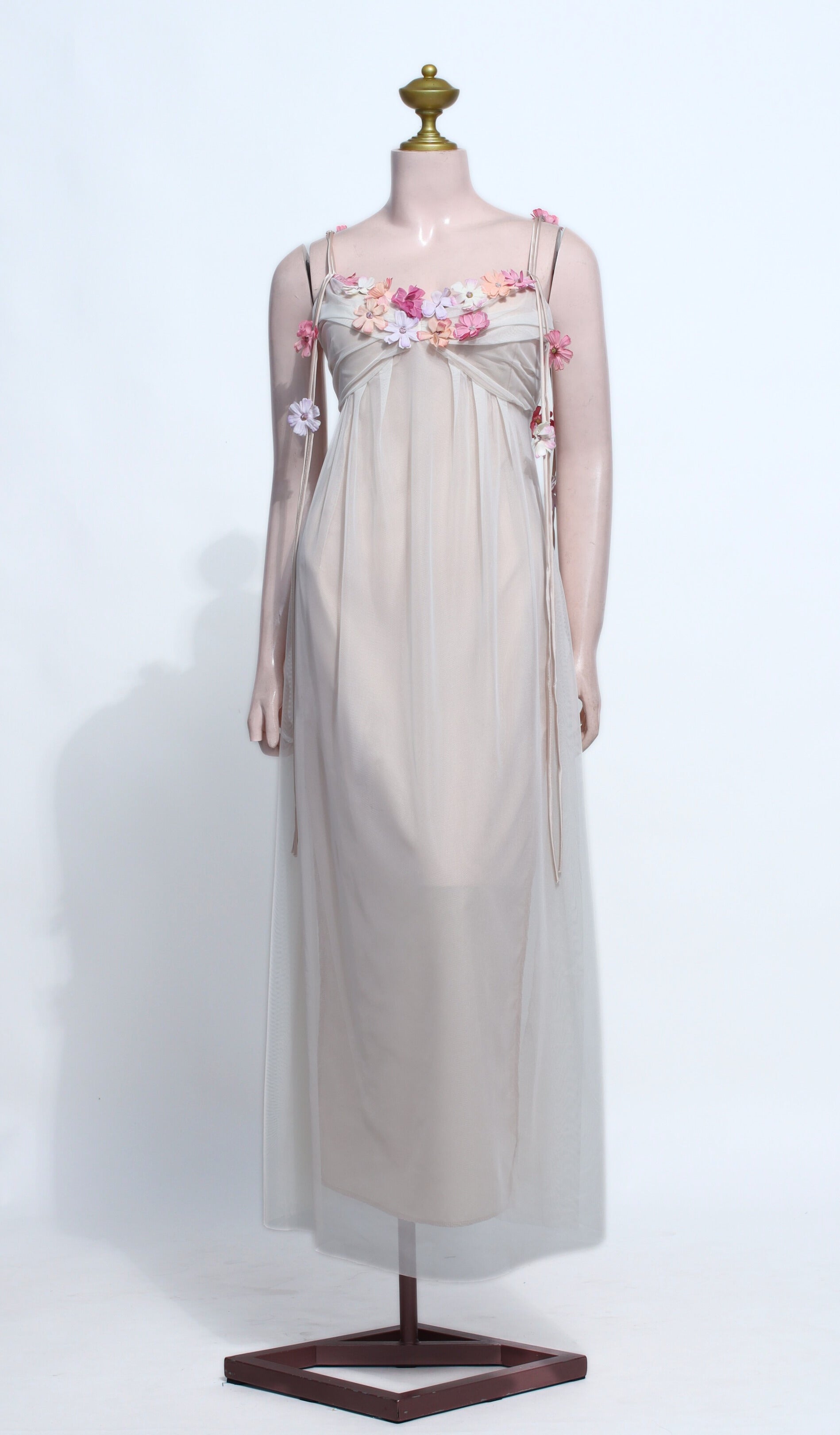 Fairycore Nude Floral Maxi Dress | Chiffon Open Back Babydoll Style - SNU07