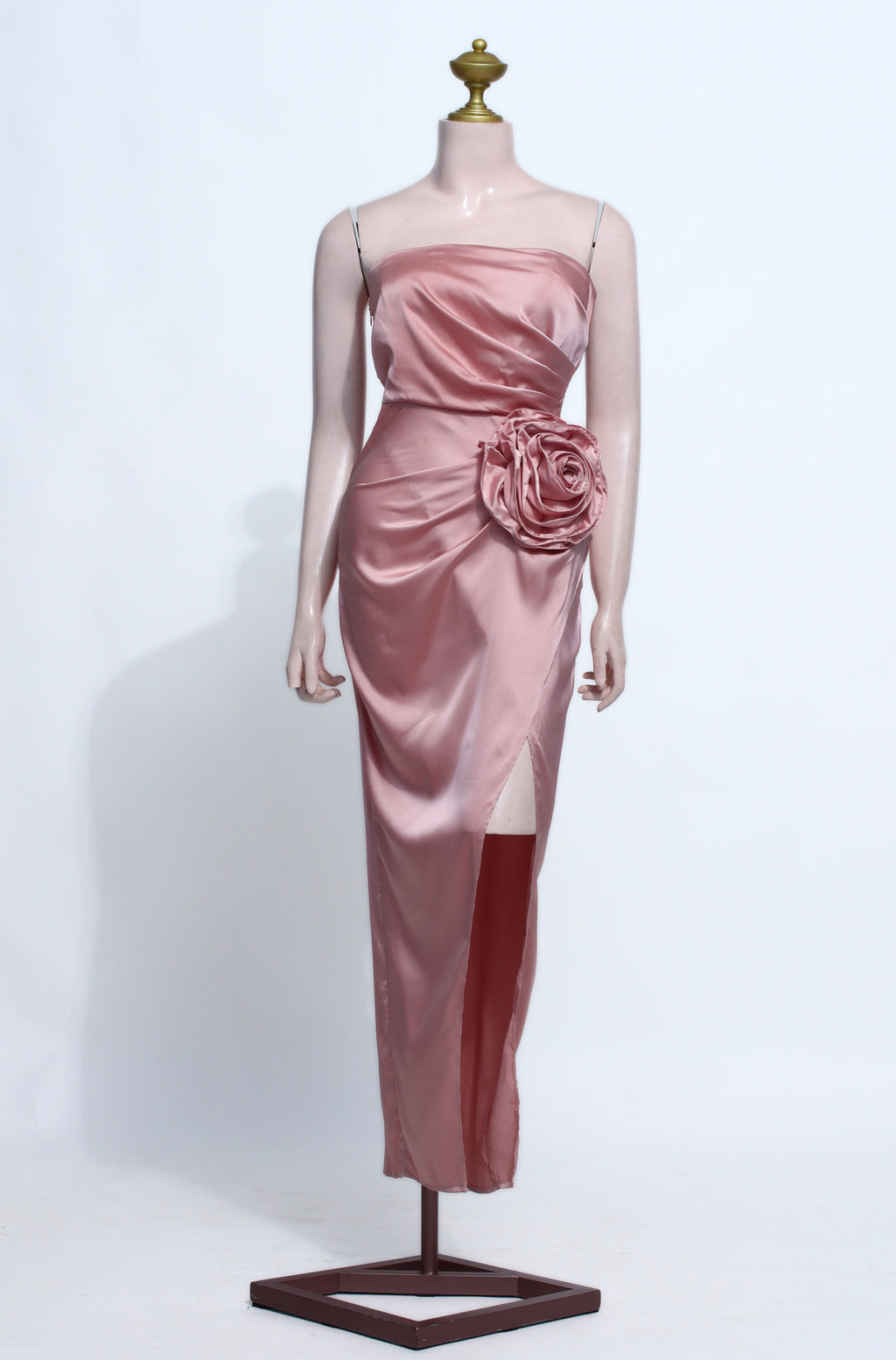 Mauve Pink Ruched Strapless Prom Dress | Rose Accent Mermaid Slit Gown - SP19