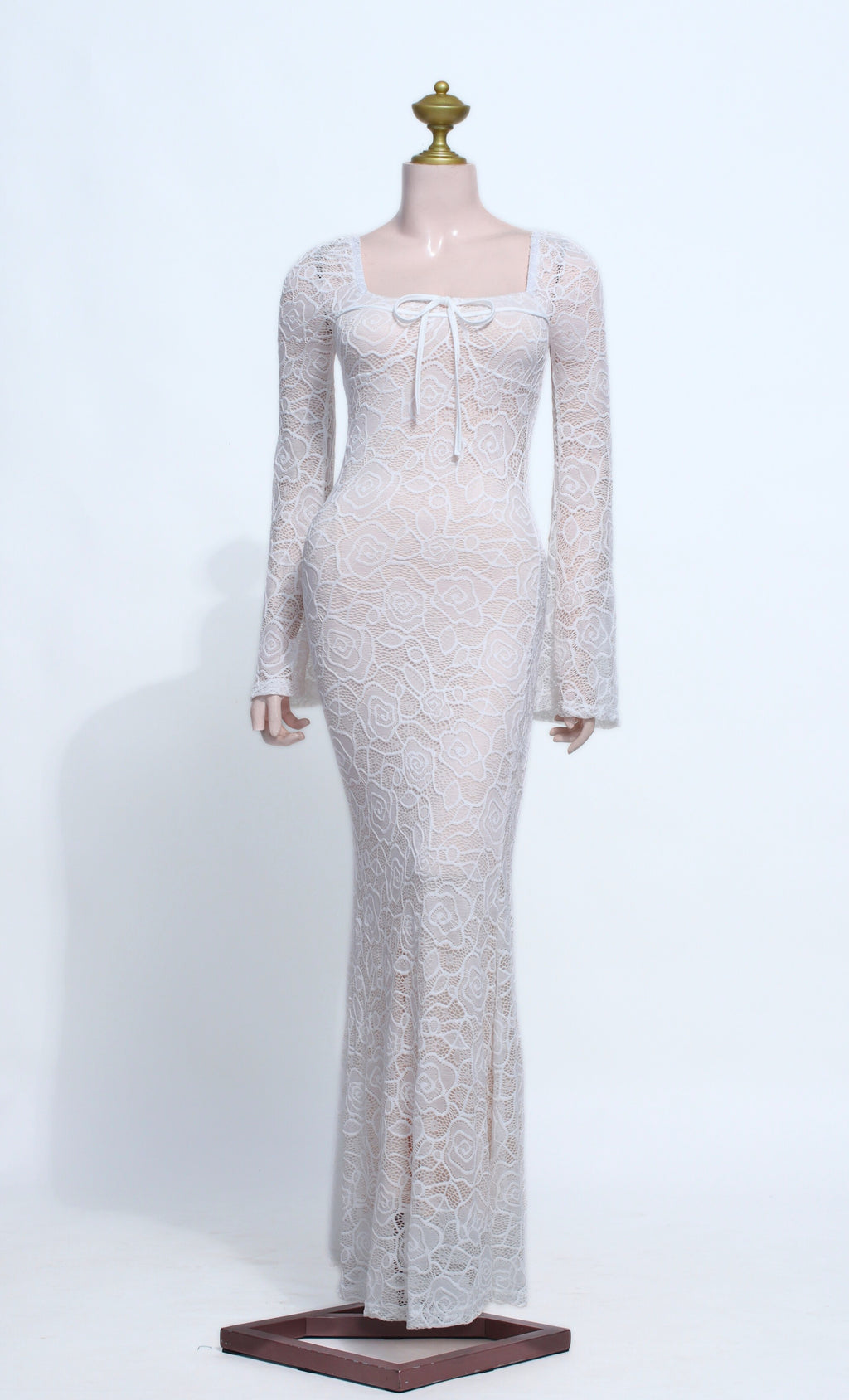 White Floral Lace Maxi Dress | Square Neck Long Bell Sleeve Mermaid Gown - SW19
