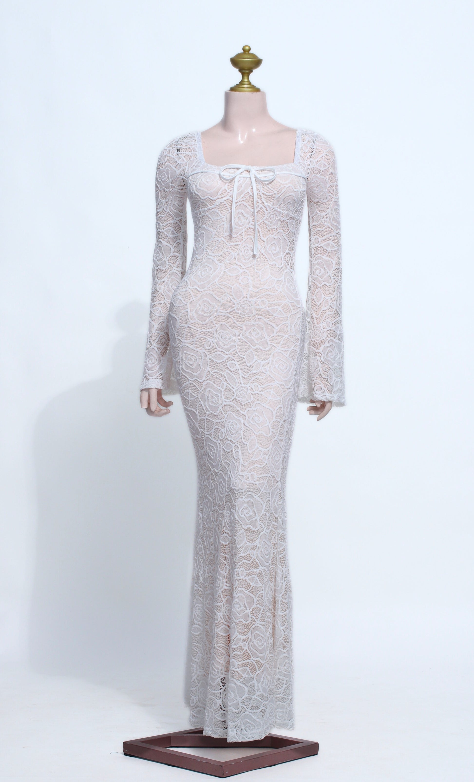 White Floral Lace Maxi Dress | Square Neck Long Bell Sleeve Mermaid Gown - SW19