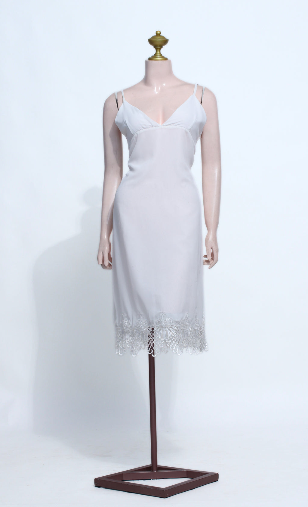 White Chiffon Midi Dress | Plunge V-Neck Spaghetti Strap with Lace Fringe - SW21