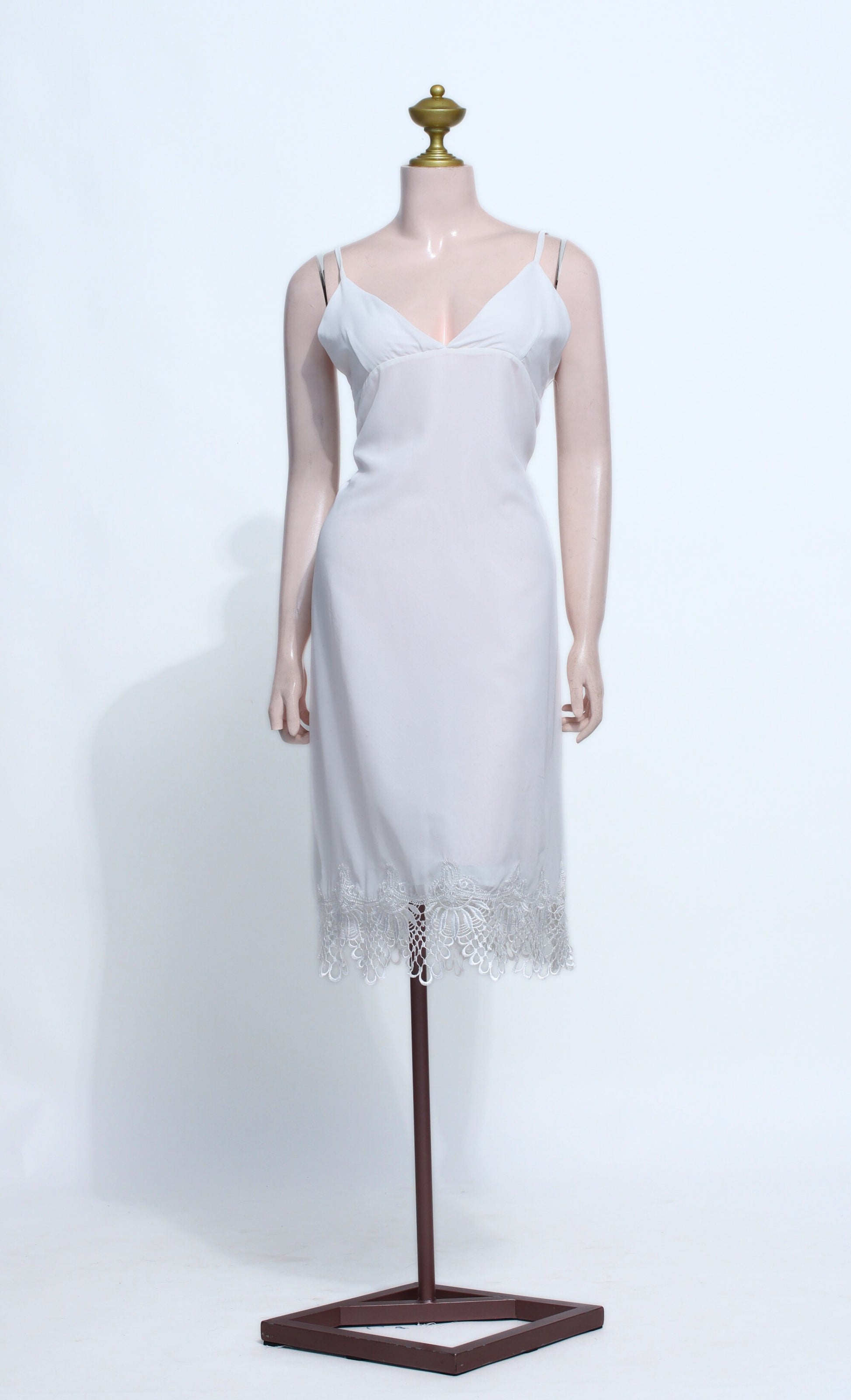 White Chiffon Midi Dress | Plunge V-Neck Spaghetti Strap with Lace Fringe - SW21