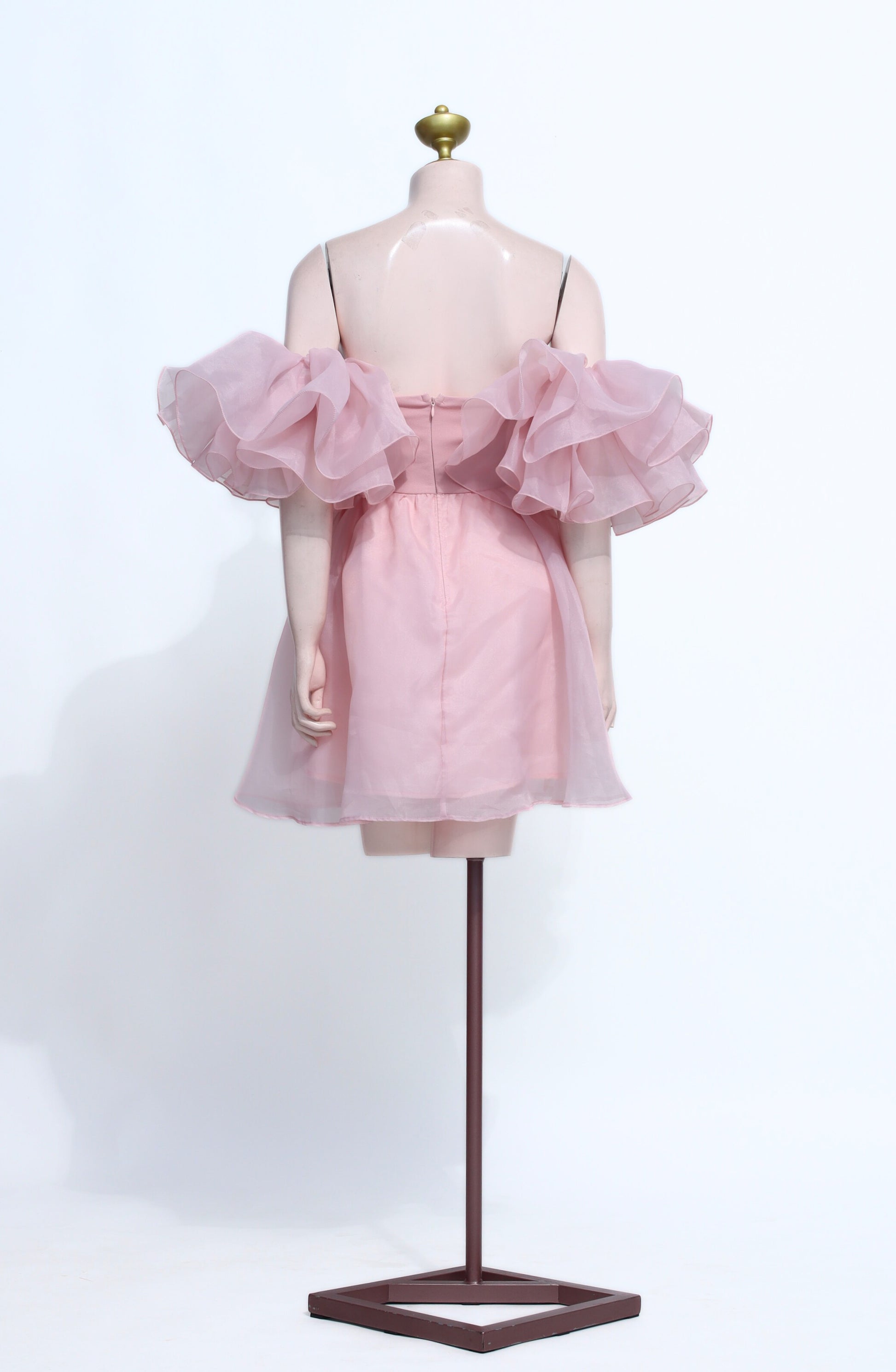 Peach Organza Ruffle Mini Dress | Off-Shoulder Puffy Sleeve Babydoll Gown - SP17