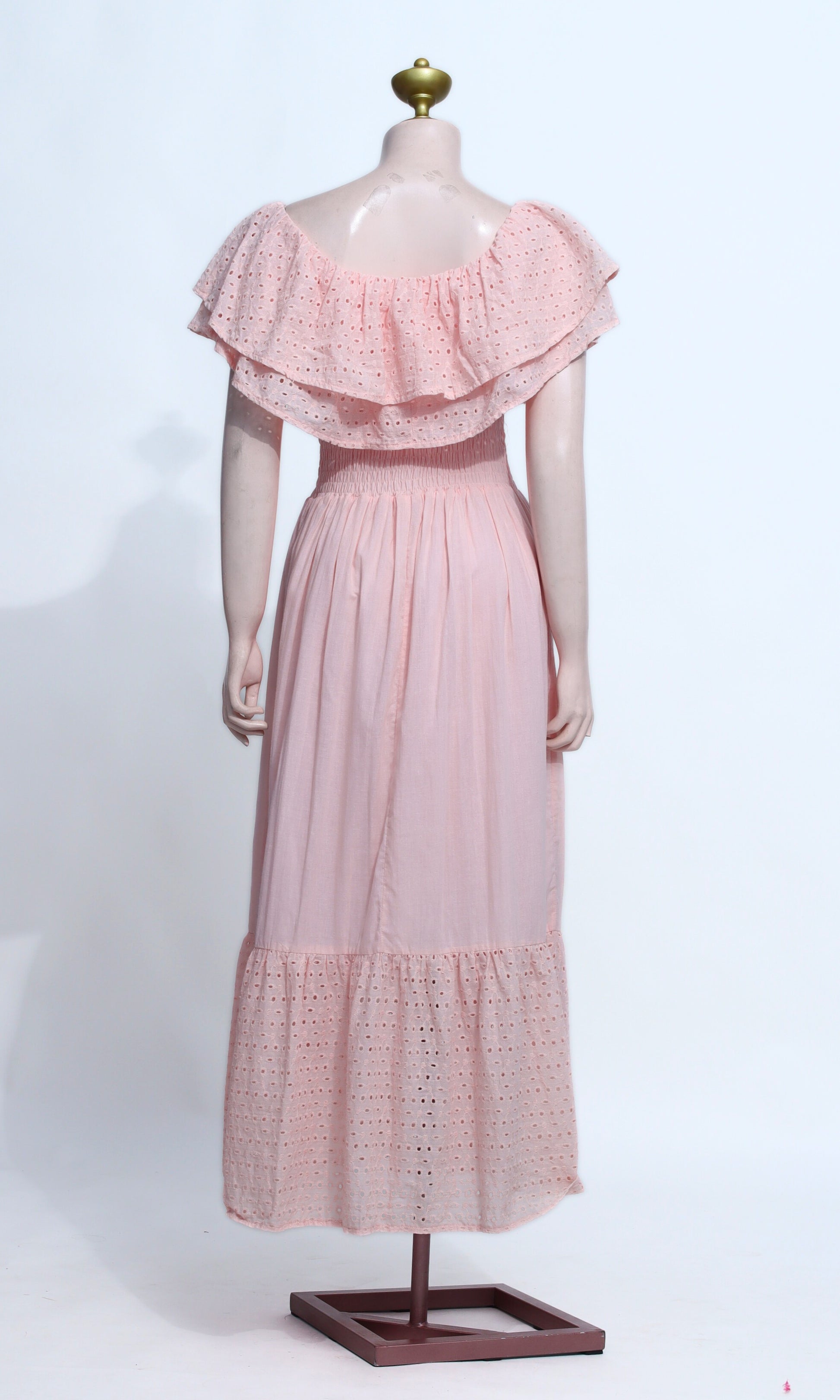 Peach Eyelet Off-Shoulder Maxi Dress | Ruffle Smocked Bodice Cotton Gown - SP14