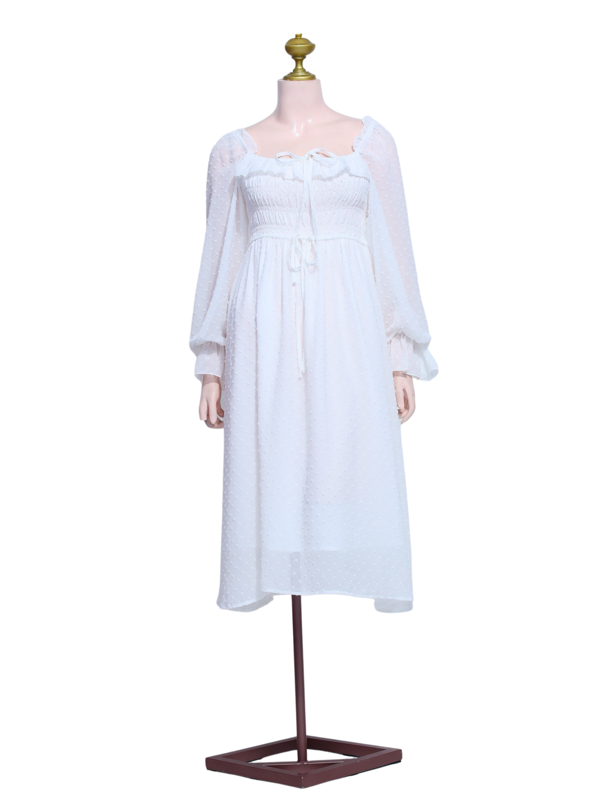White Long Sleeve Swiss Dot Midi Dress - W16