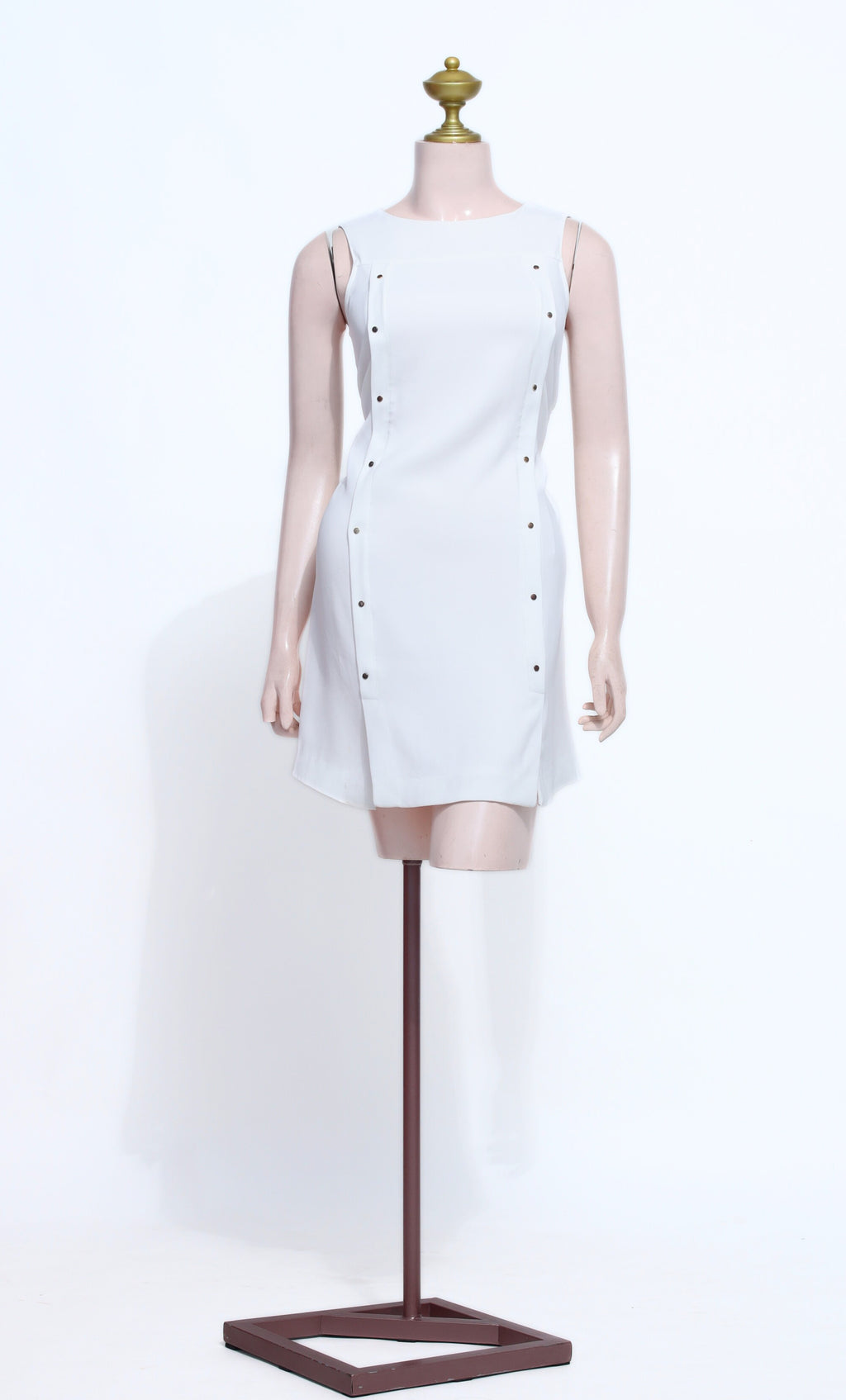 White Mini Dress with Gold Stud Detail | High Neck Sleeveless Zipper Back - SW14