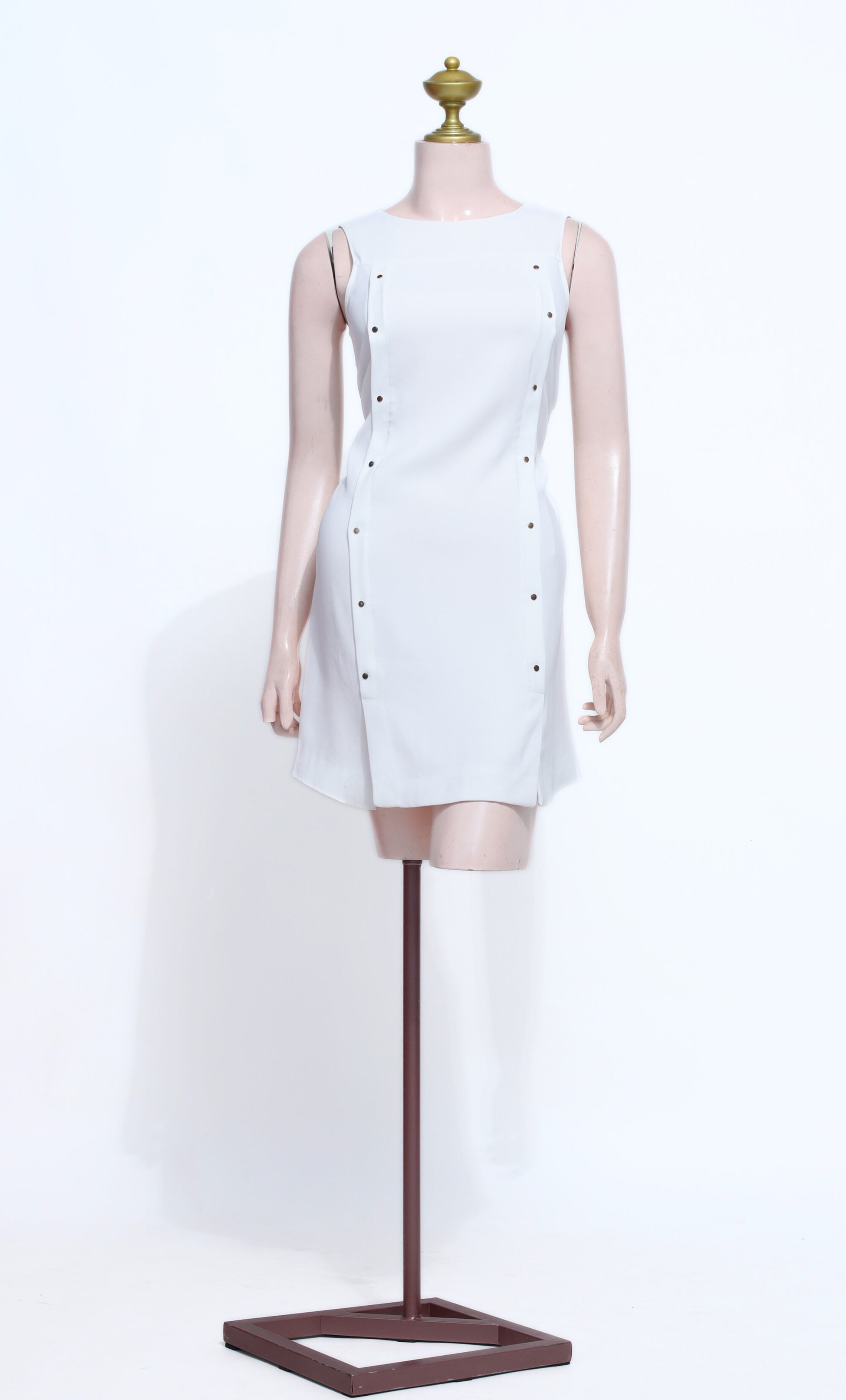White Mini Dress with Gold Stud Detail | High Neck Sleeveless Zipper Back - SW14