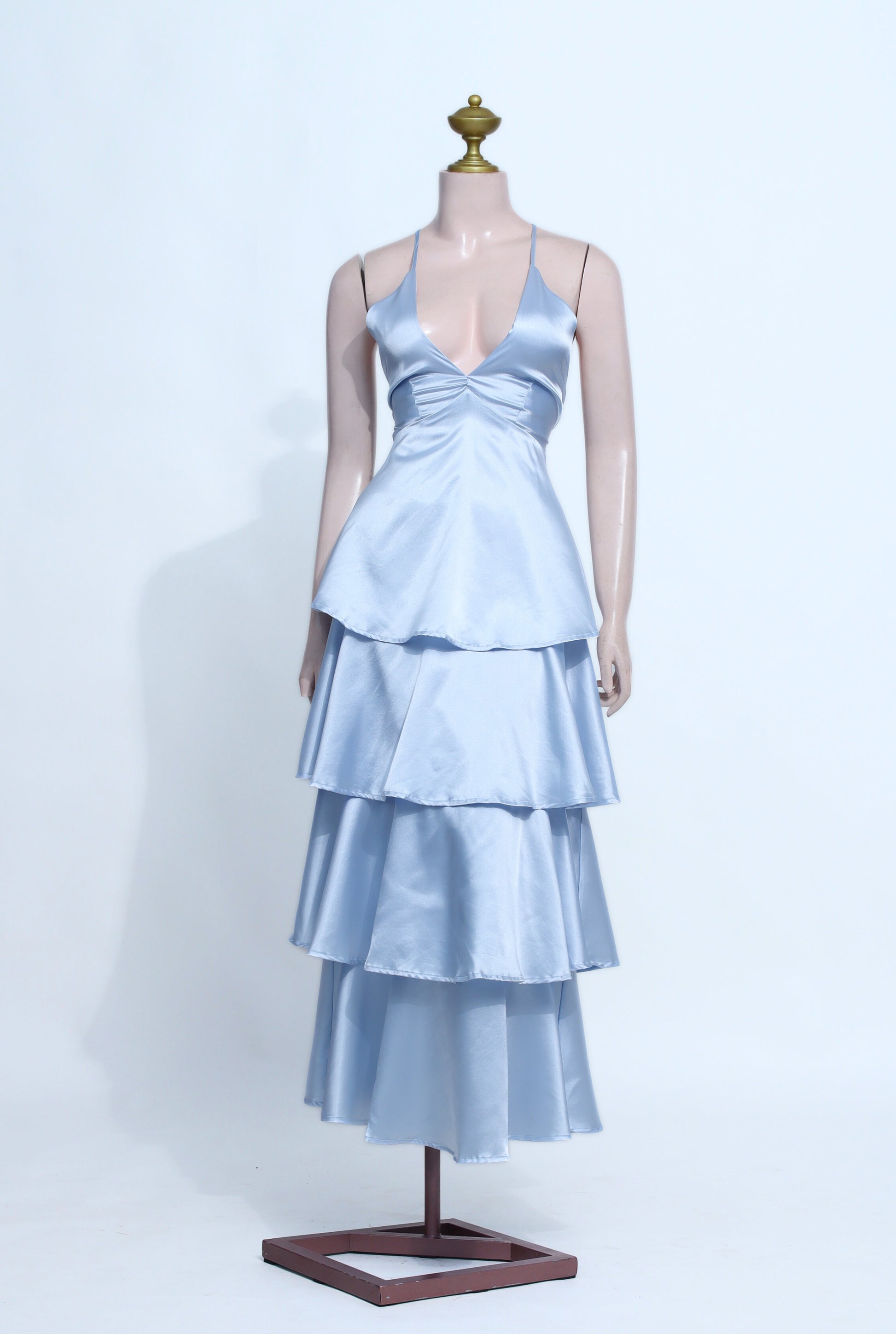 Satin Tiered Ruffle Maxi Dress with Halter Neck & Open Corset Back - BL03