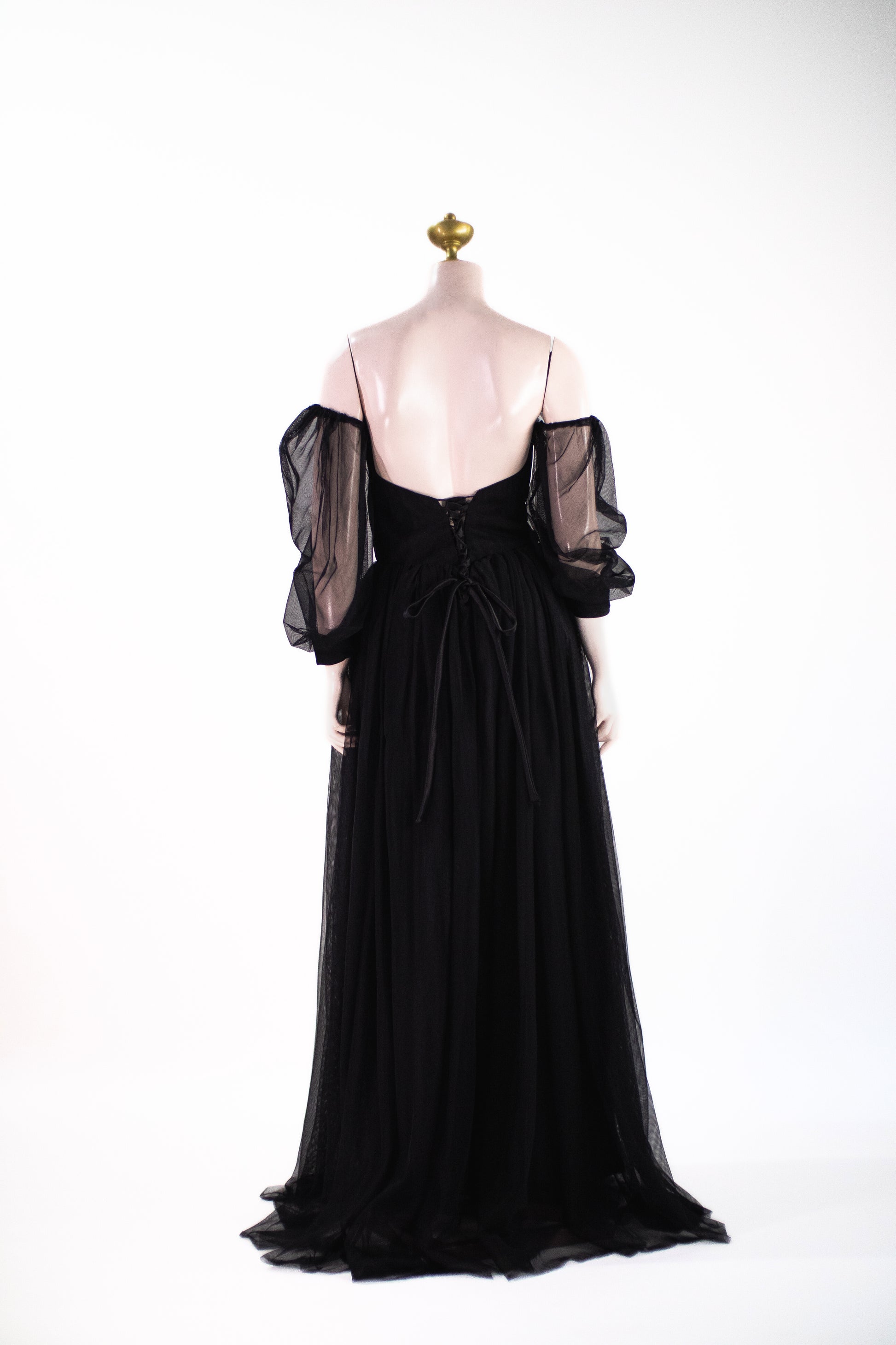 Elegant Black Evening Gown with Corset Back | Sheer Balloon Sleeve Formal Maxi Dress - B01