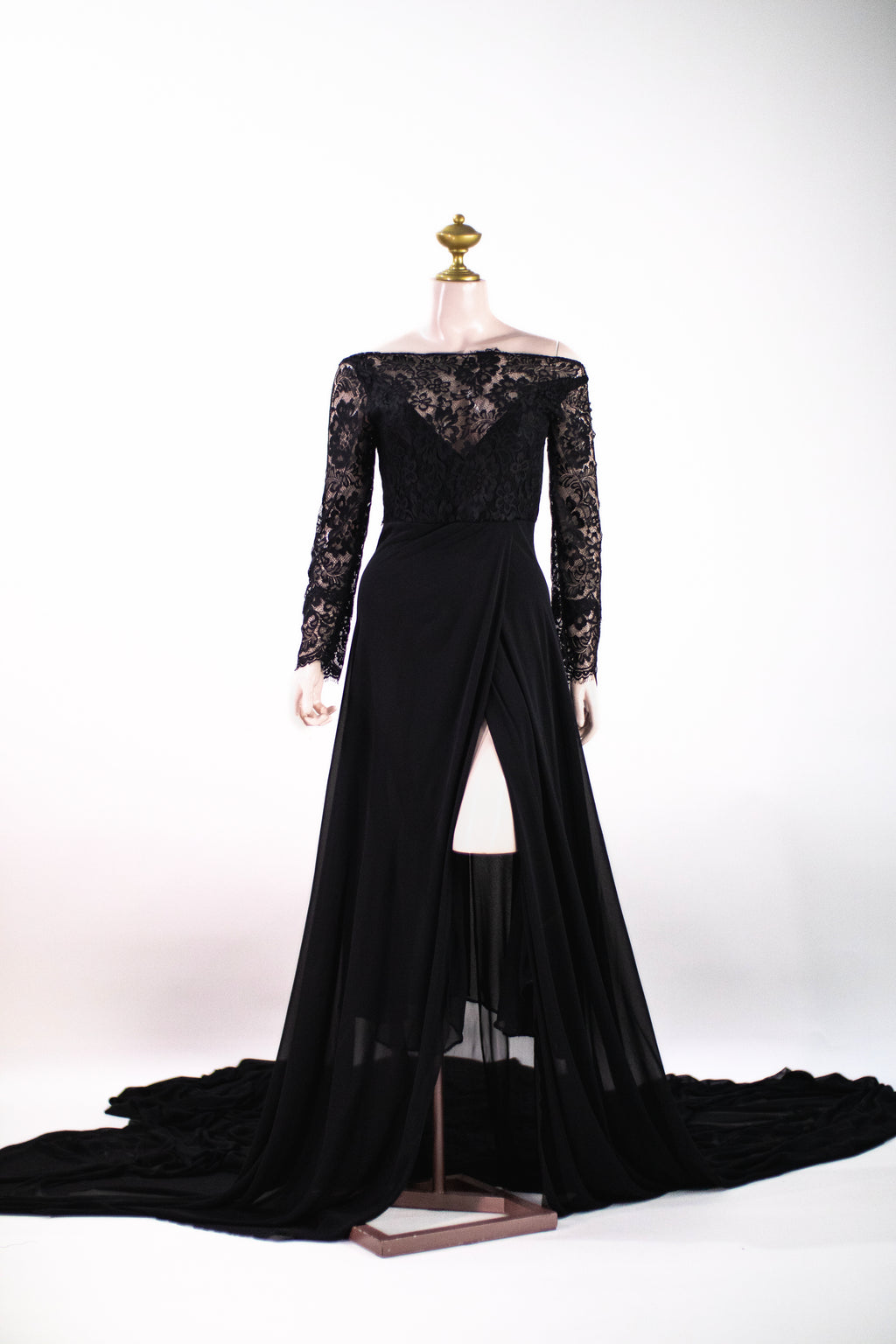 Dramatic Black Formal Evening Dress | Off-Shoulder Lace Bodice Gown with Train - B02