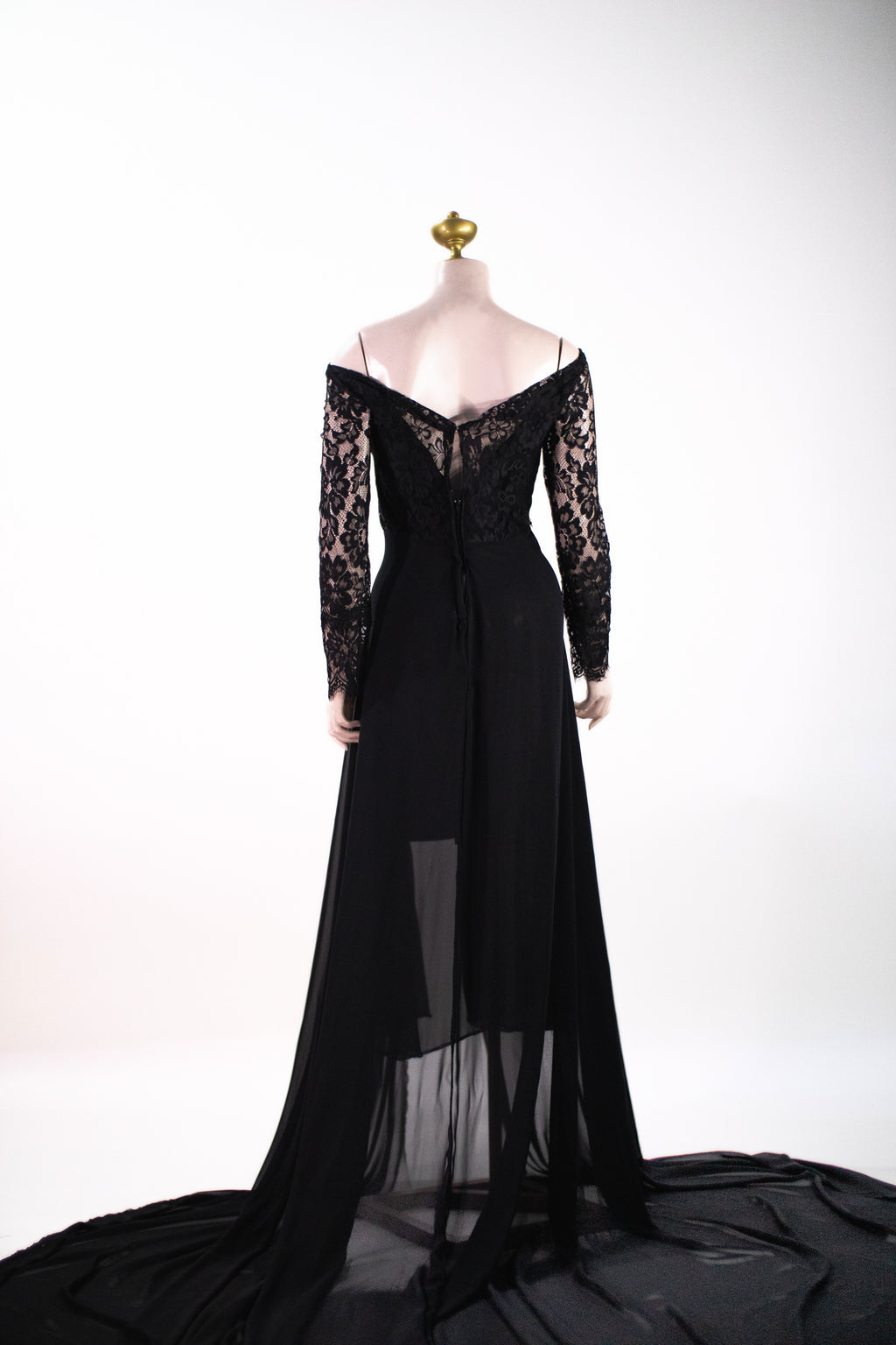 Dramatic Black Formal Evening Dress | Off-Shoulder Lace Bodice Gown with Train - B02