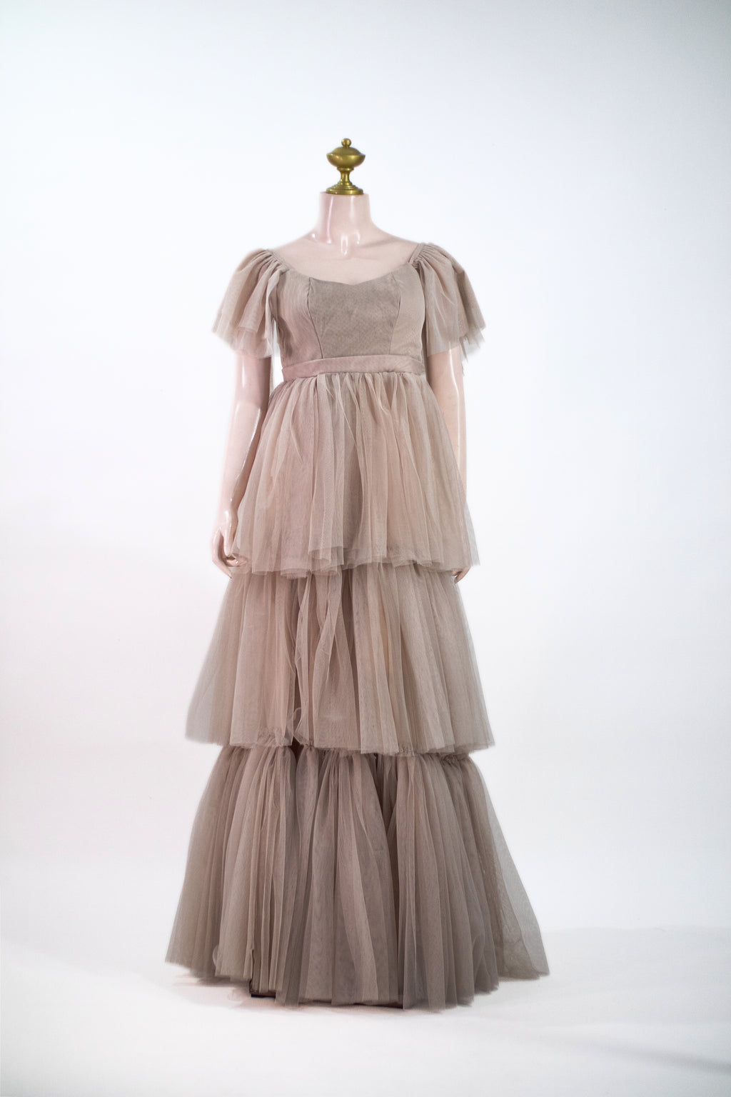 Elegant Nude Mocha Tulle Evening Dress | Tiered Maxi Gown with Puff Sleeves & Back Ribbon Bow - NU01