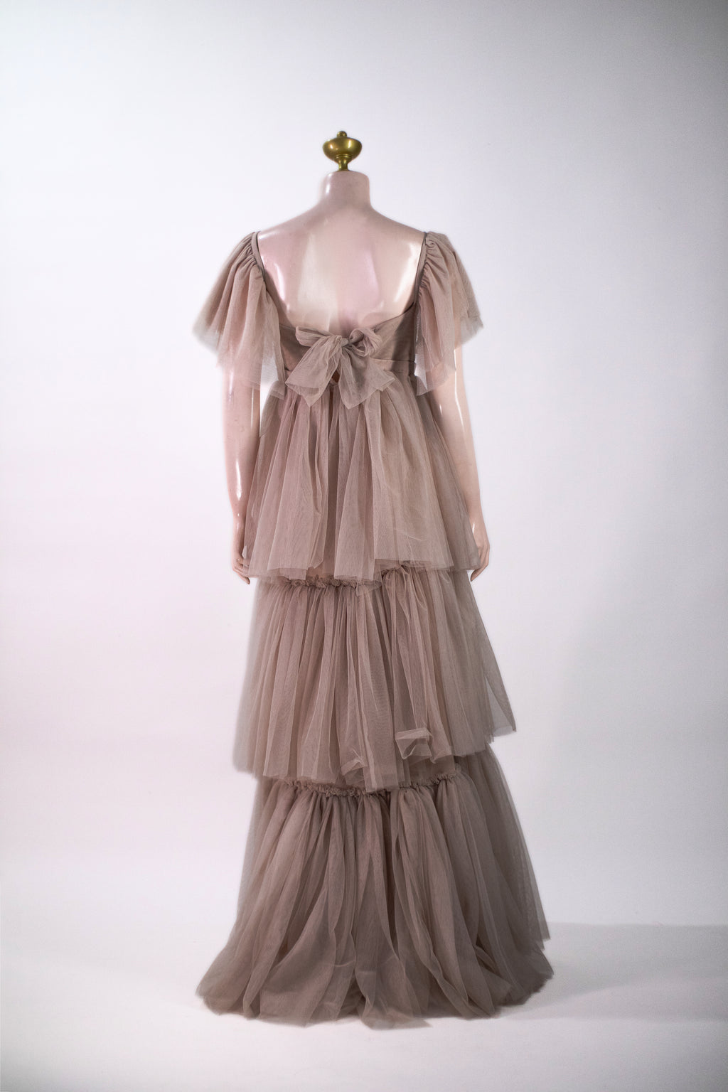 Elegant Nude Mocha Tulle Evening Dress | Tiered Maxi Gown with Puff Sleeves & Back Ribbon Bow - NU01