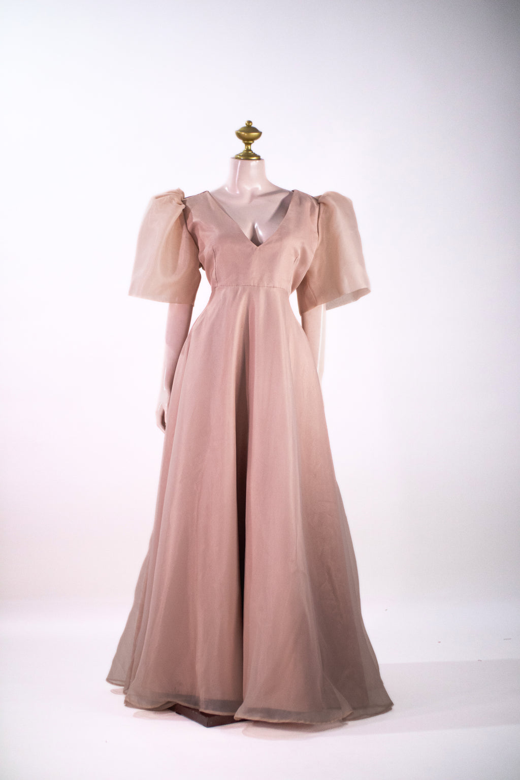 Elegant Taiwan Jusi Maxi Dress | Mocha V-Neck Evening Gown with Sheer Balloon Sleeves - NU02