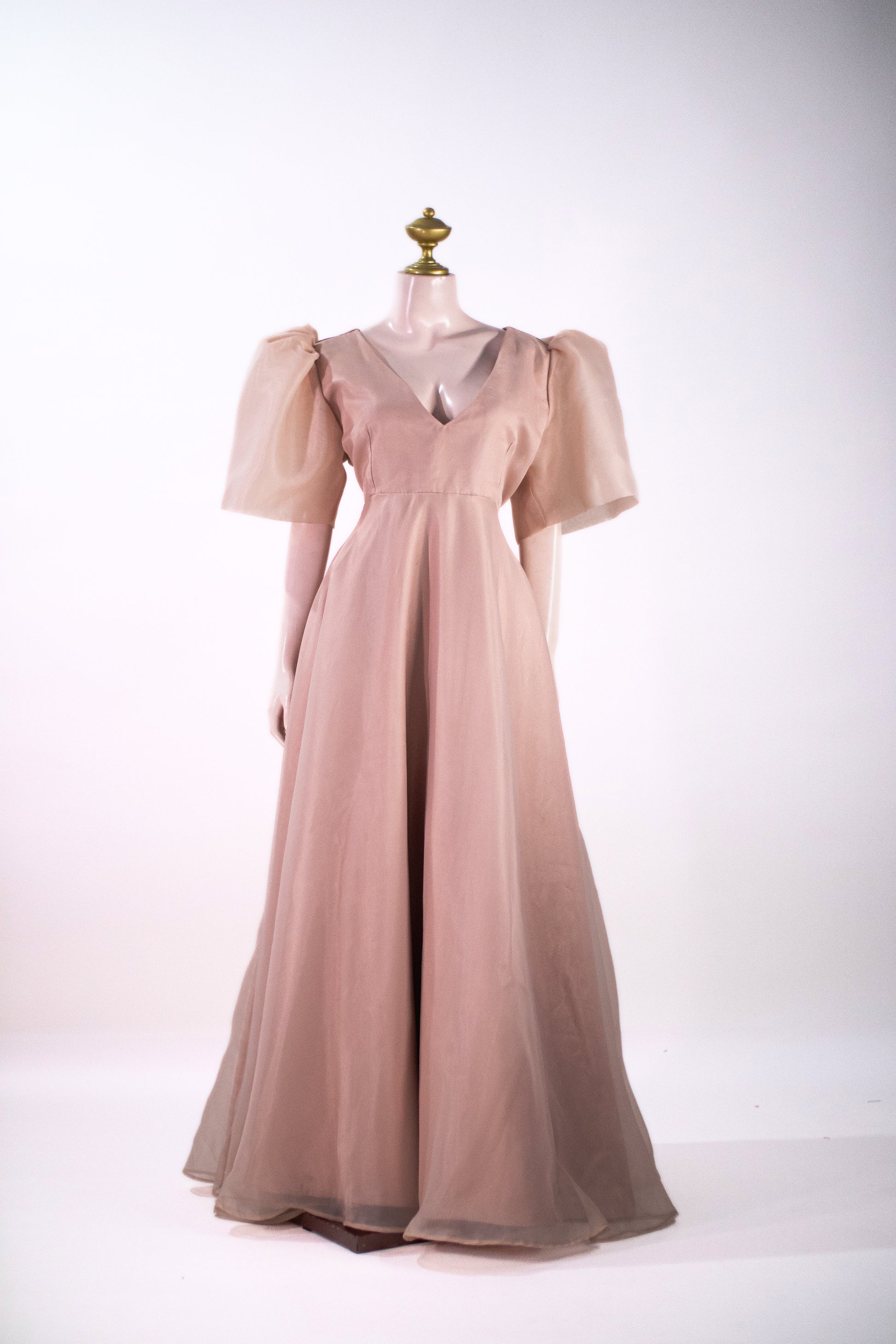 Elegant Taiwan Jusi Maxi Dress | Mocha V-Neck Evening Gown with Sheer Balloon Sleeves - NU02