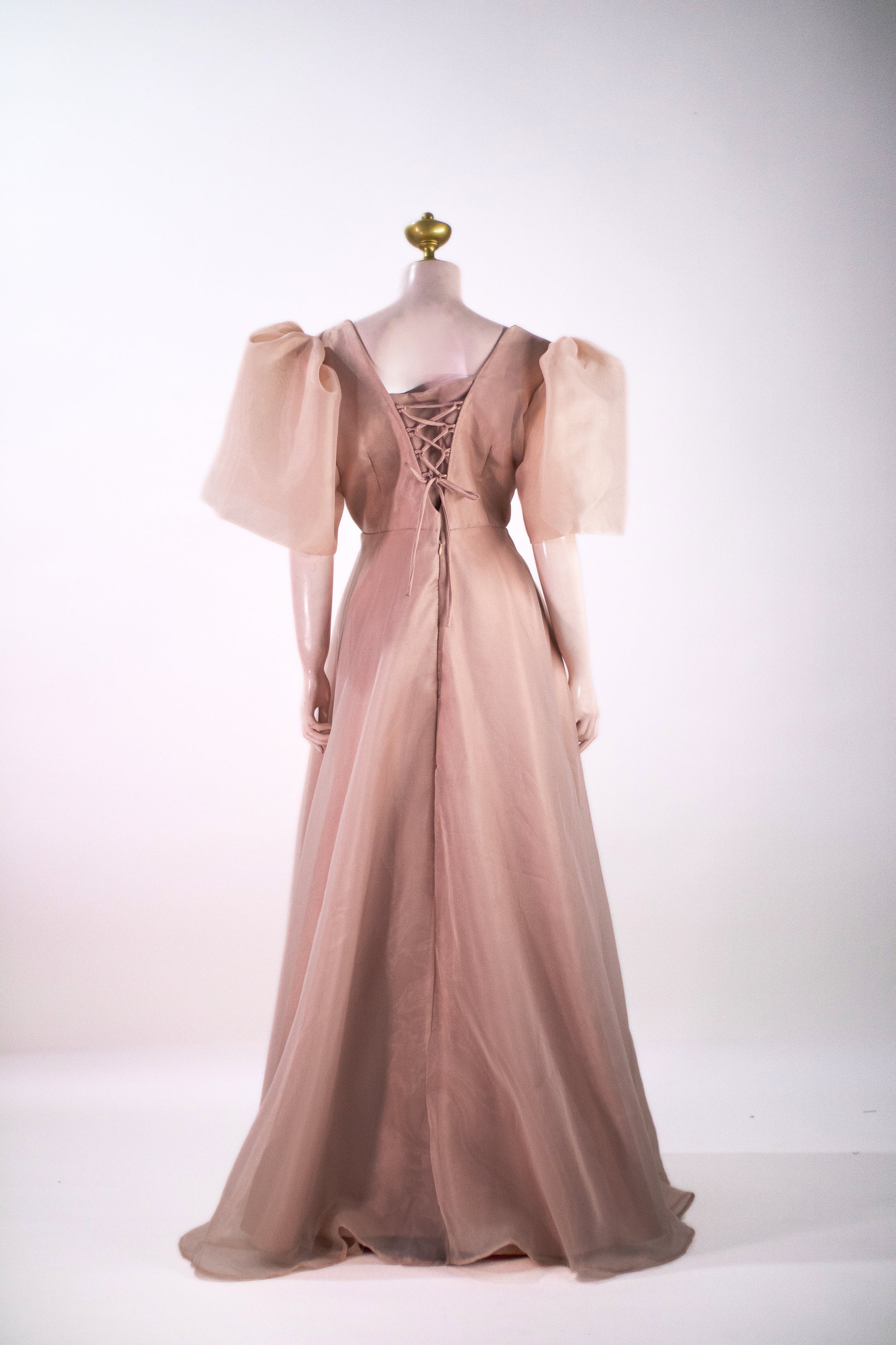 Elegant Taiwan Jusi Maxi Dress | Mocha V-Neck Evening Gown with Sheer Balloon Sleeves - NU02