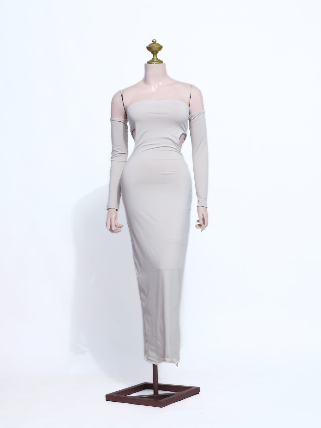 Chic Nude Maxi Dress with Matching Sleeves | Strapless Bodycon Cotton Spandex Gown - NU06