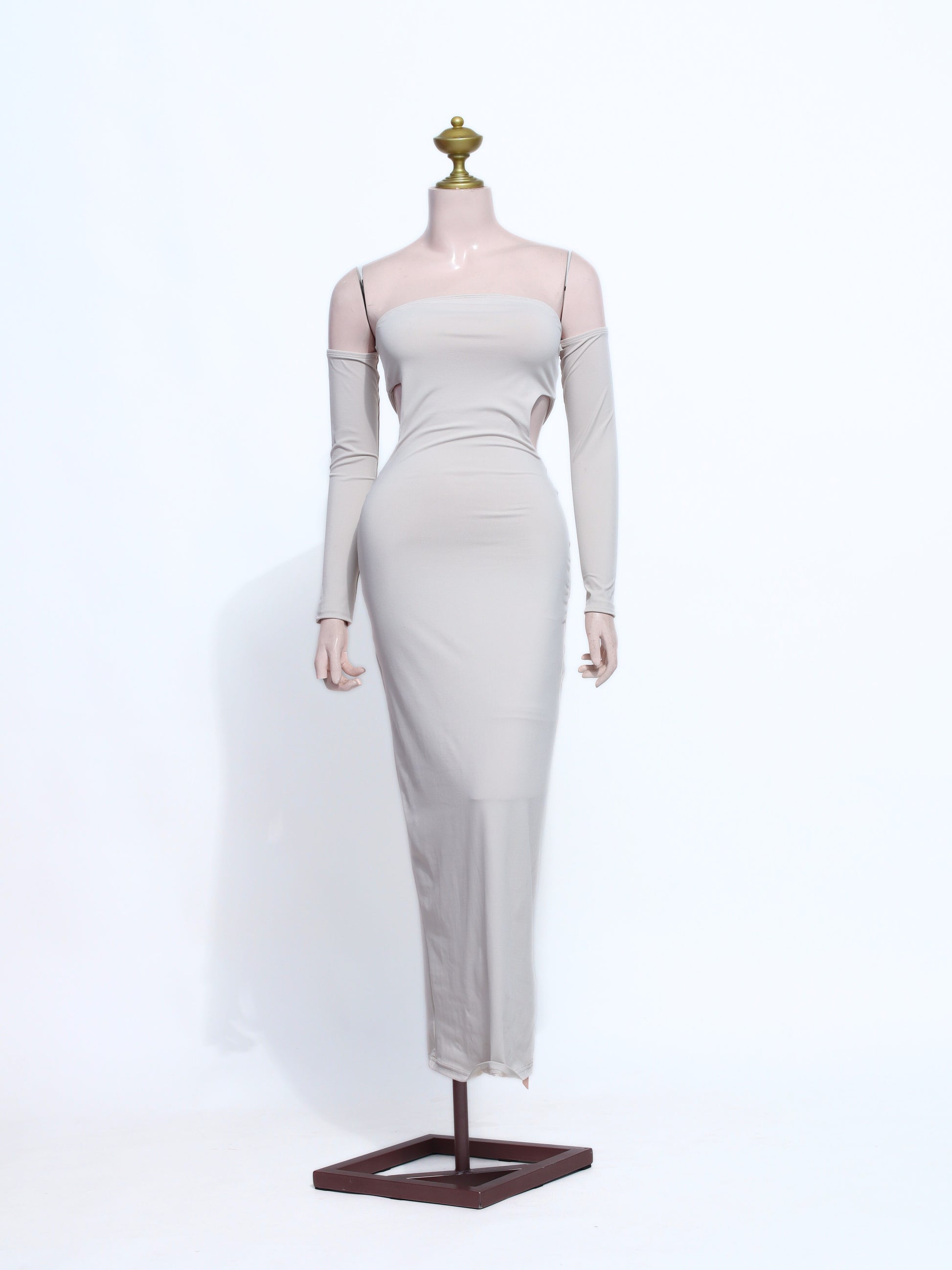 Chic Nude Maxi Dress with Matching Sleeves | Strapless Bodycon Cotton Spandex Gown - NU06