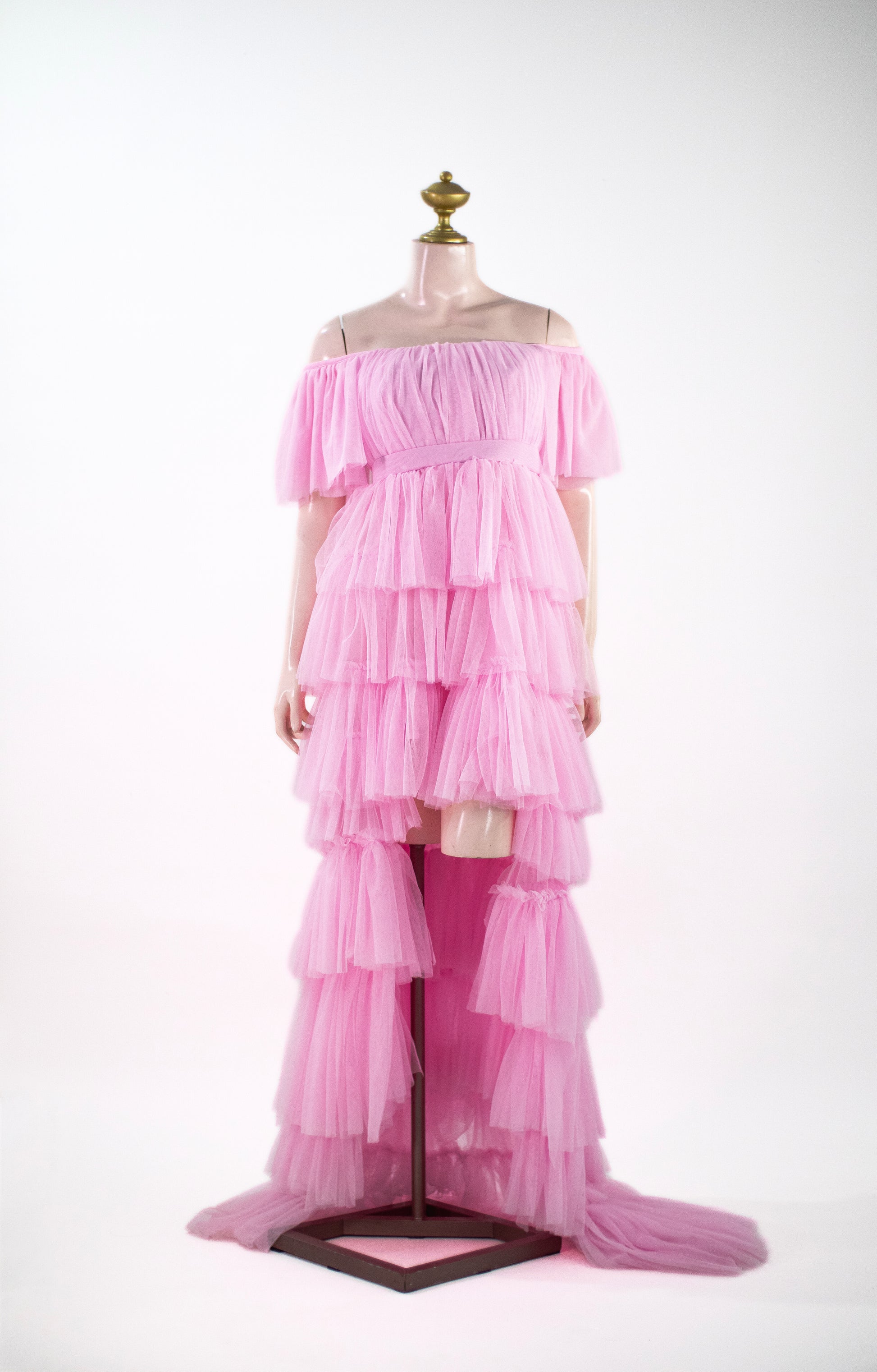 Pastel Pink Tulle Maxi Gown | Boned Corset Bodice Off-Shoulder Formal Dress - P01