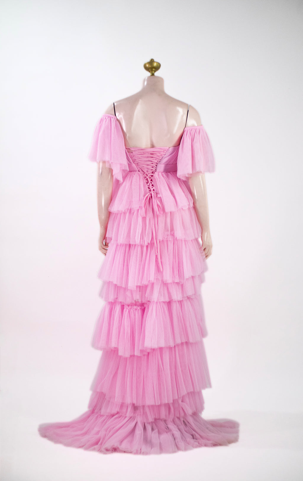 Pastel Pink Tulle Maxi Gown | Boned Corset Bodice Off-Shoulder Formal Dress - P01
