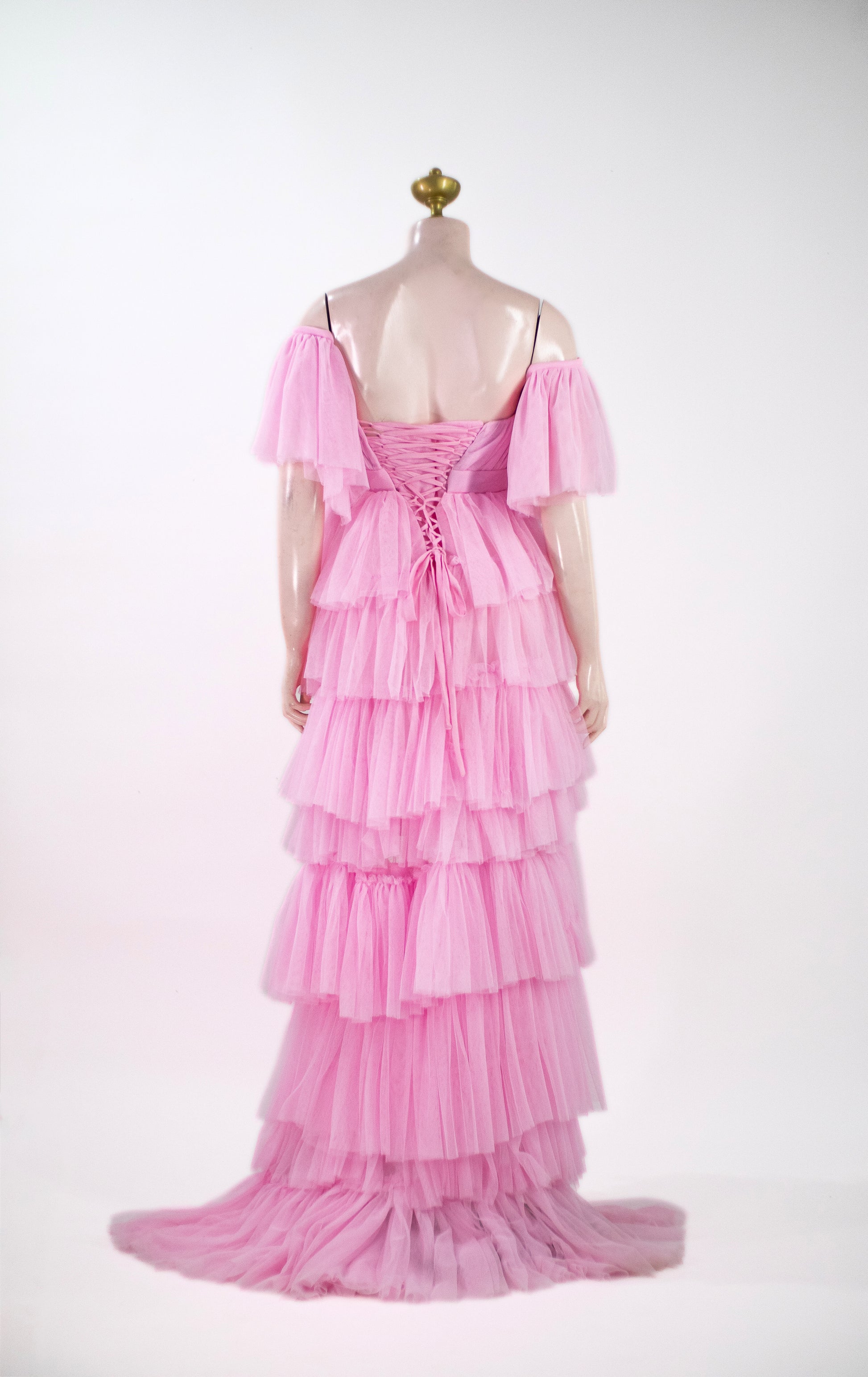 Pastel Pink Tulle Maxi Gown | Boned Corset Bodice Off-Shoulder Formal Dress - P01