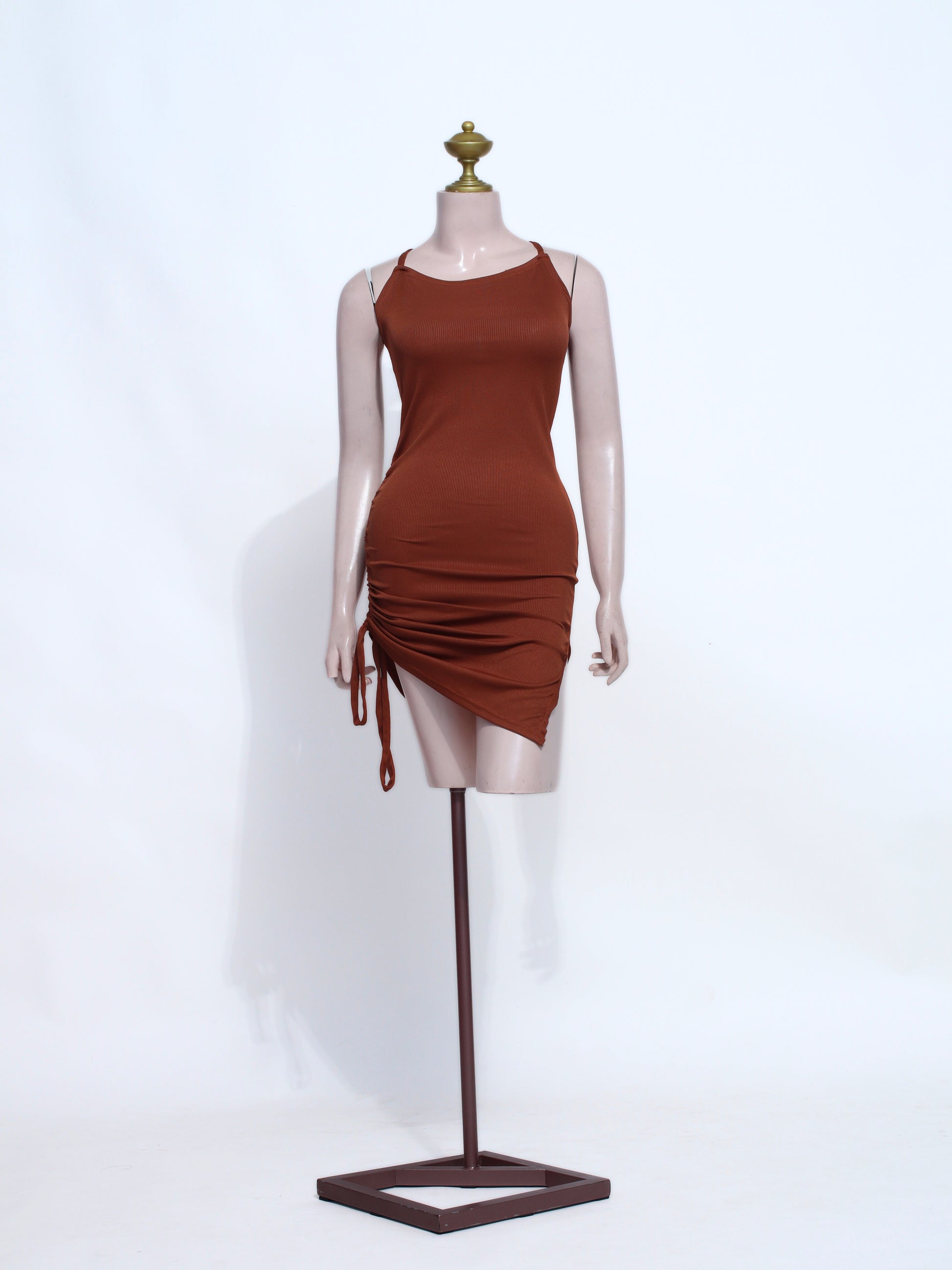Stretchy Brown Mini | Asymmetrical Hem Cami Ruched Party Dress - SBR01