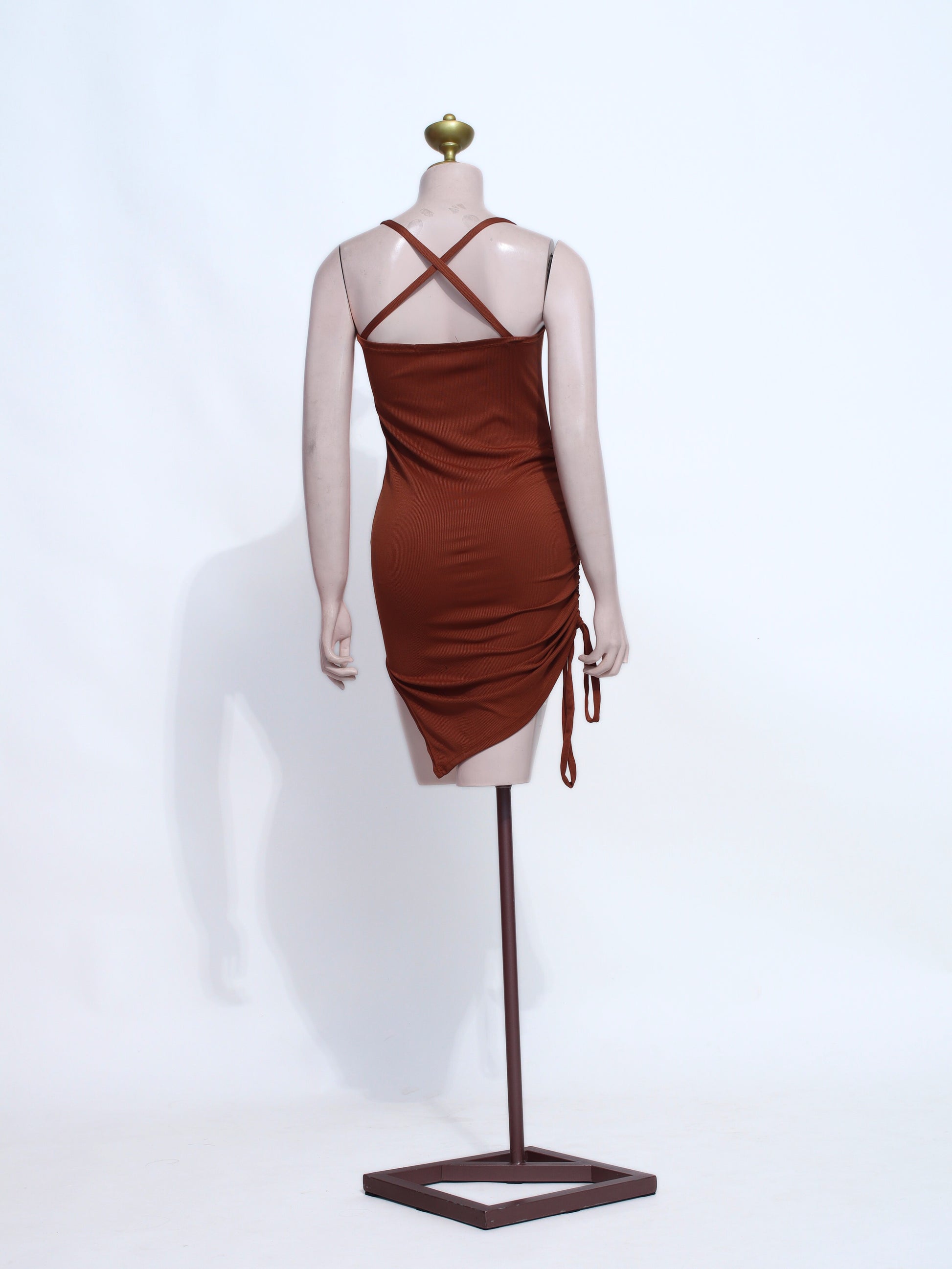 Stretchy Brown Mini | Asymmetrical Hem Cami Ruched Party Dress - SBR01