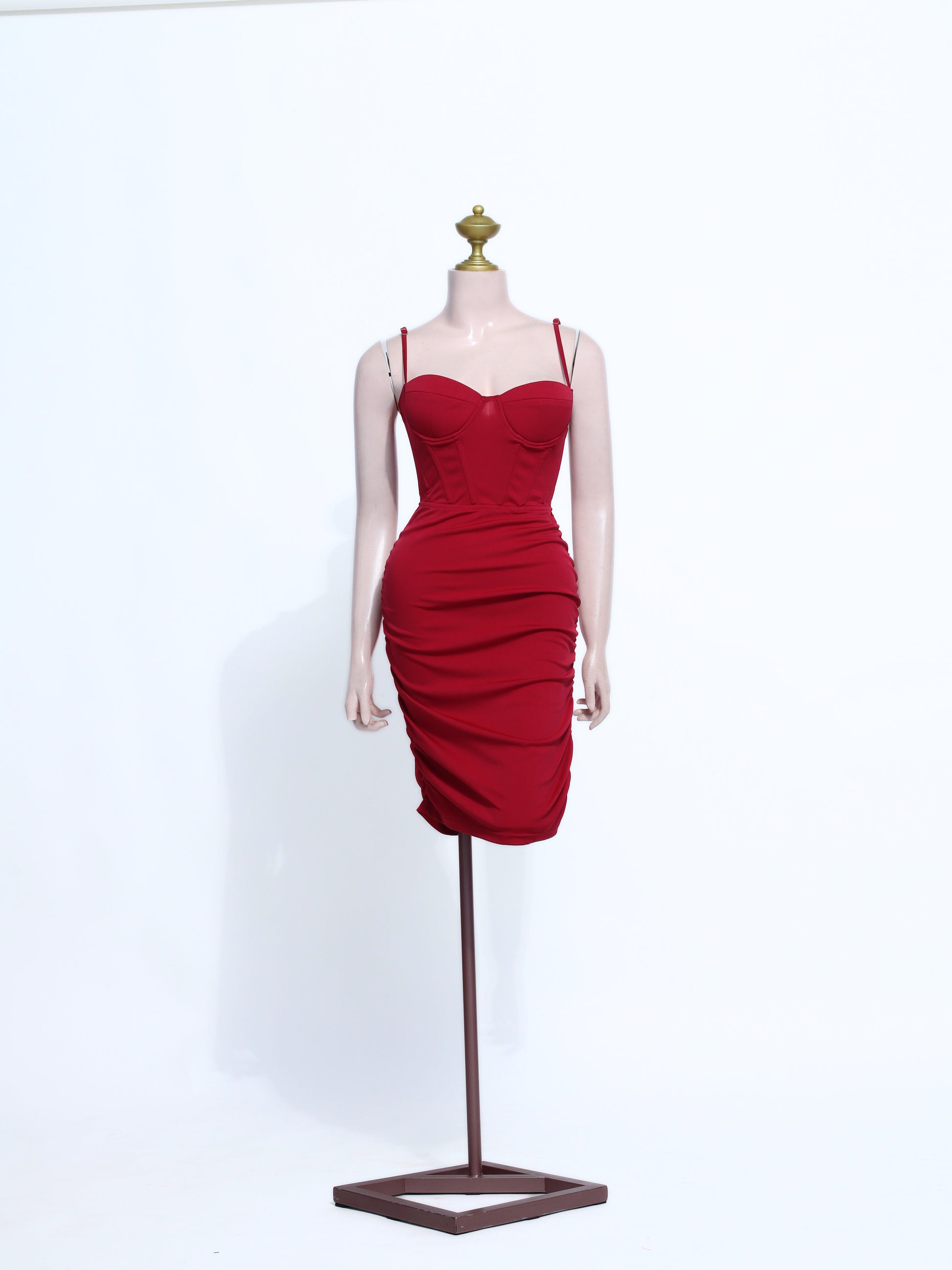 Maroon Ruched Bustier Short Dress | Padded Bodycon Spandex Club Wear - SM02