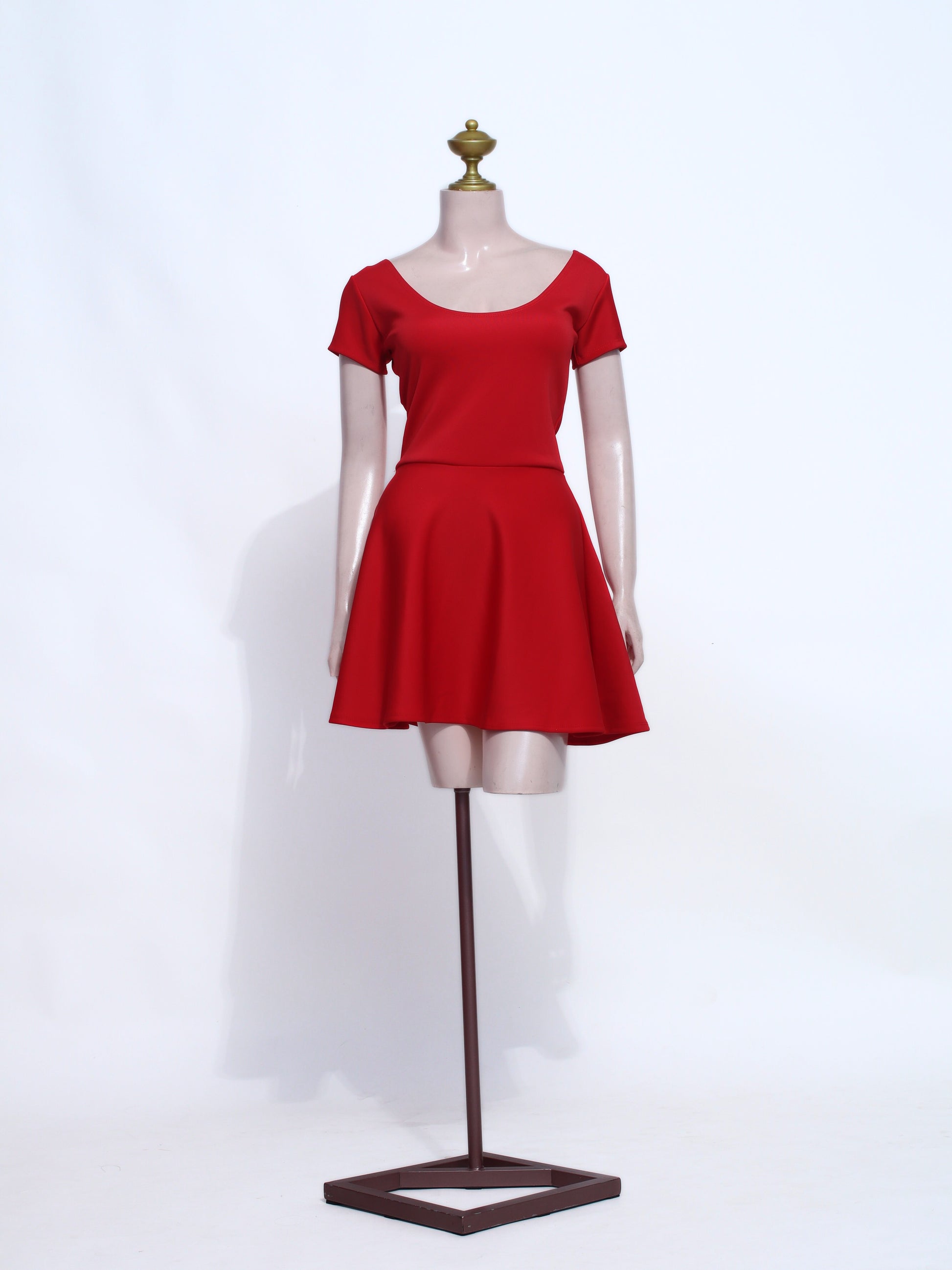 Vibrant Red Skater Short Dress | Stretch Spandex Short Sleeve Scoop Neck - SR03
