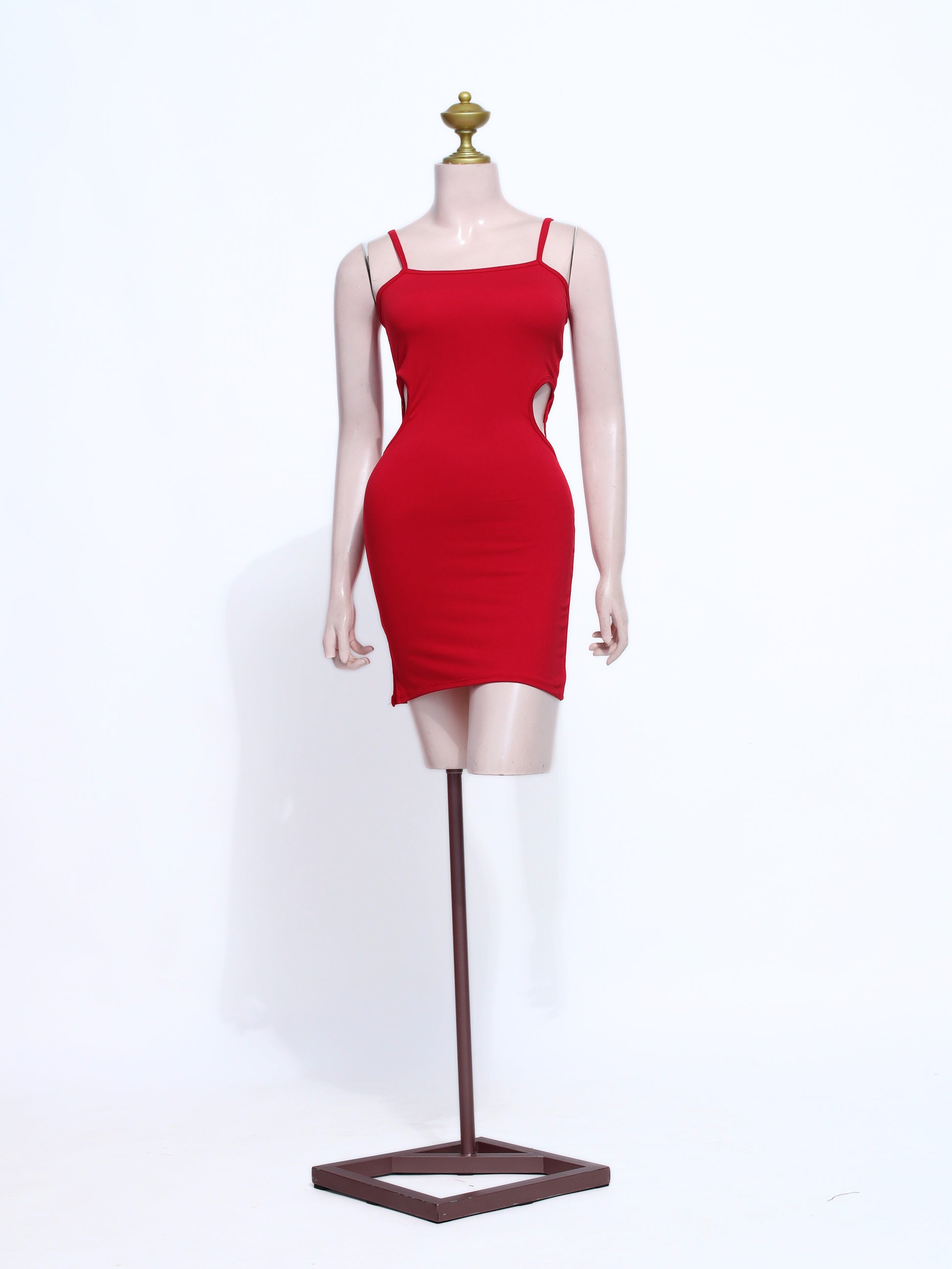 Red Square Neck Side Cutout Dress | Cotton Stretch Cami Short Dress for Night Out - SR06