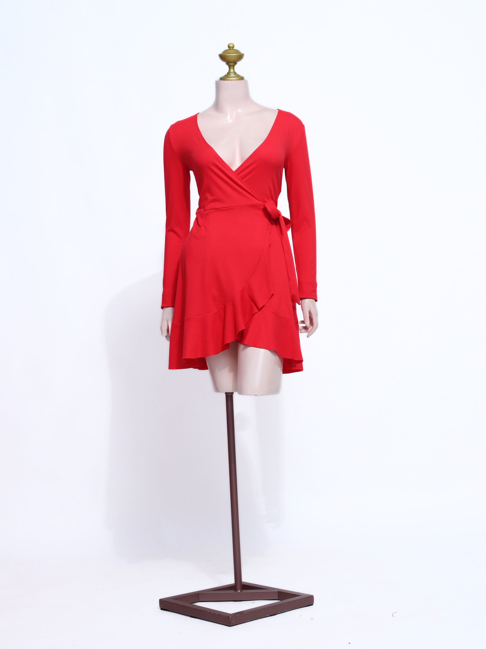 Classic Red Long Sleeve Wrap Mini Dress | V-Neck Cotton Ruffle Skirt - SR07