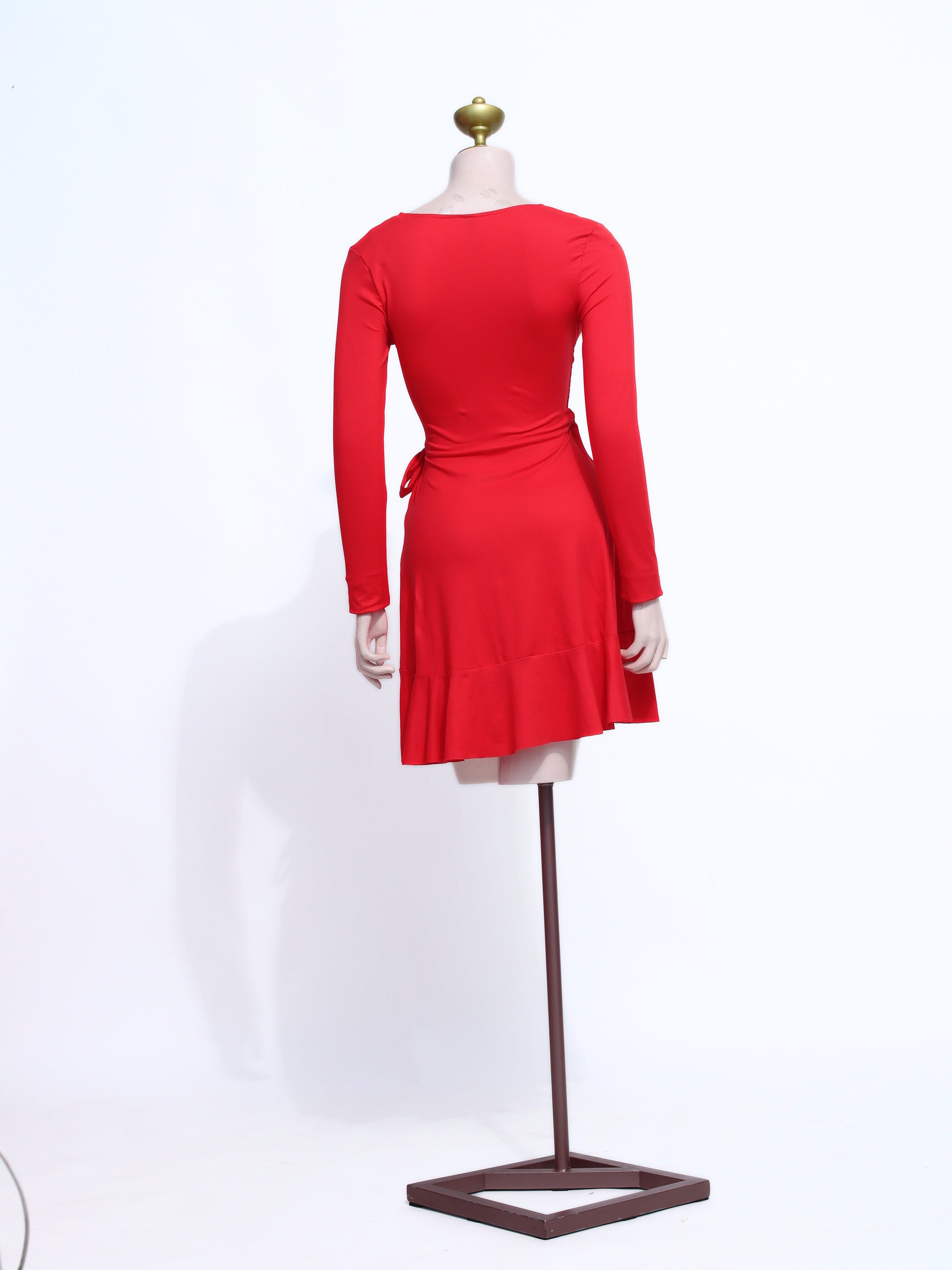 Classic Red Long Sleeve Wrap Mini Dress | V-Neck Cotton Ruffle Skirt - SR07