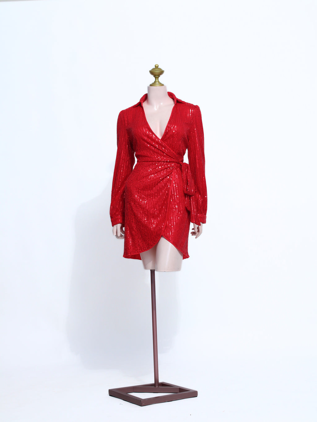 Red Sequin Wrap Mini Dress | Long Sleeve Collar V-Neck Party Dress - SR08