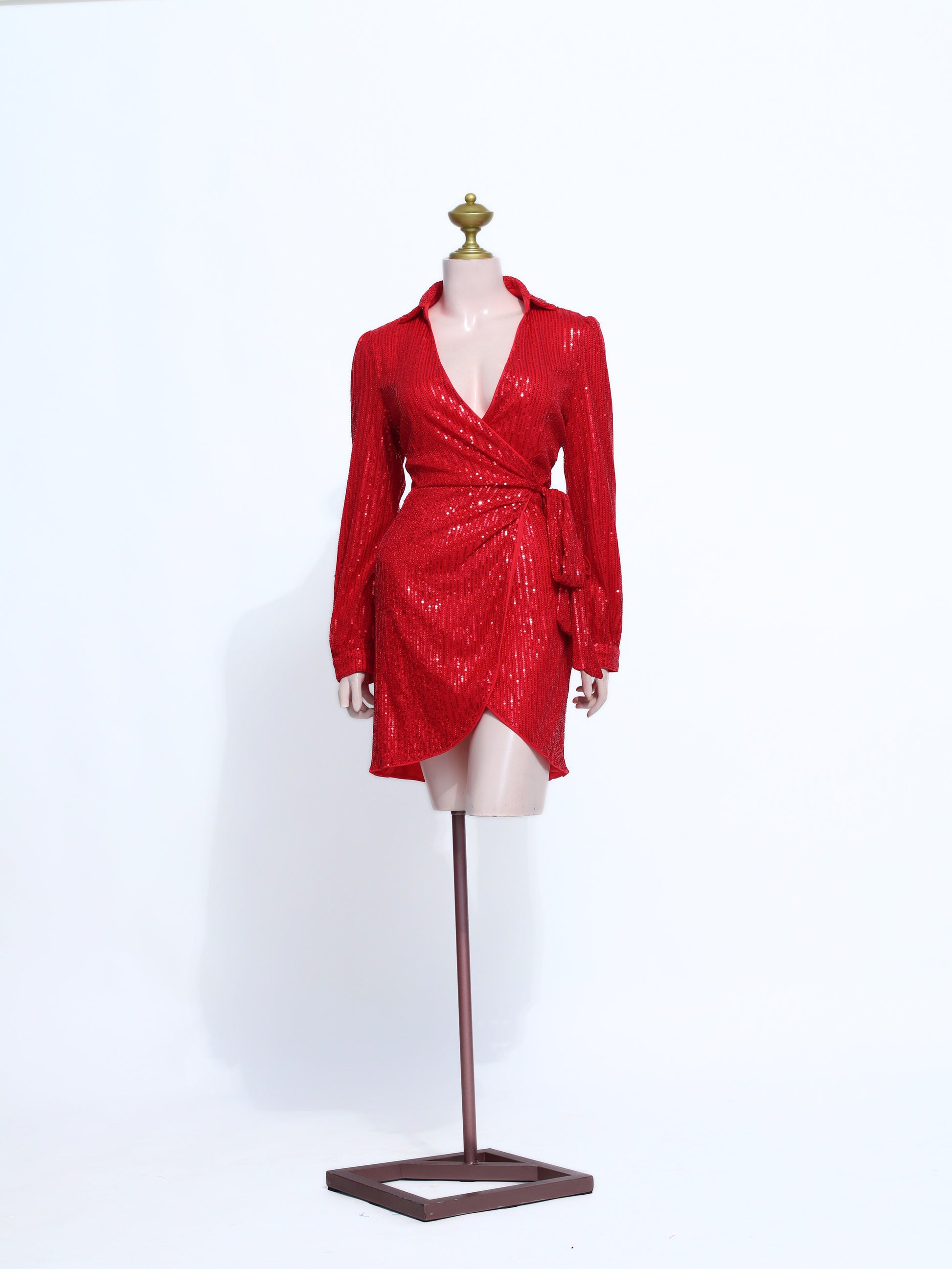 Red Sequin Wrap Mini Dress | Long Sleeve Collar V-Neck Party Dress - SR08