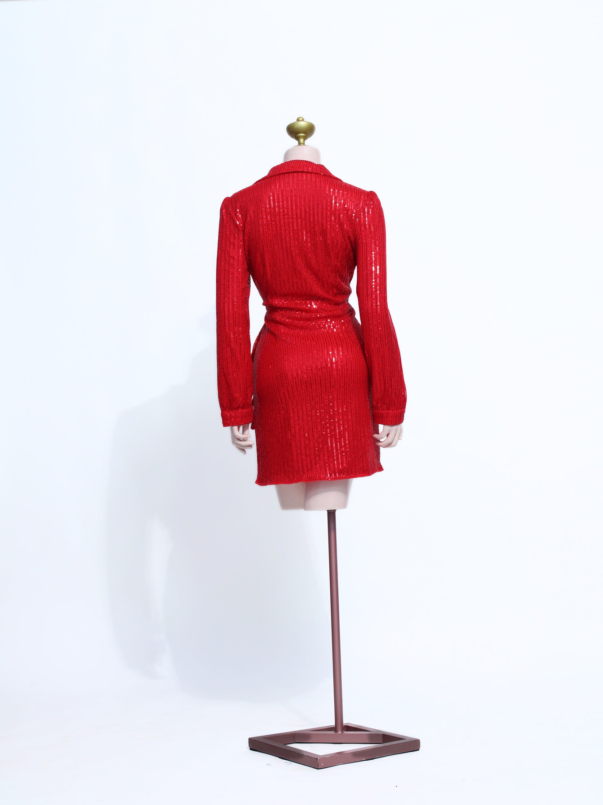 Red Sequin Wrap Mini Dress | Long Sleeve Collar V-Neck Party Dress - SR08