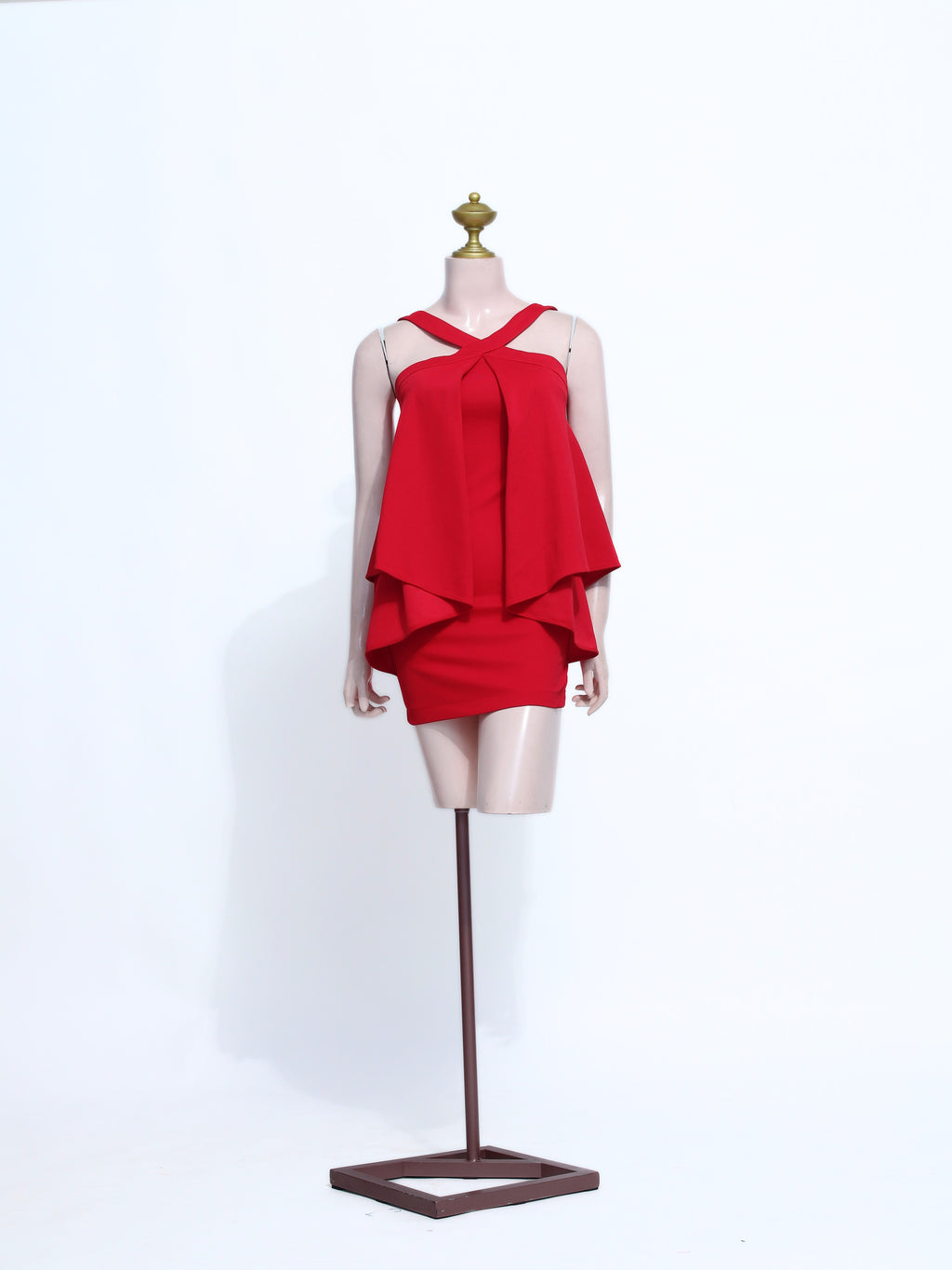 Vibrant Red Crisscross Halter Mini Dress | Layered Peplum Party Dress with Zipper Back - SR09