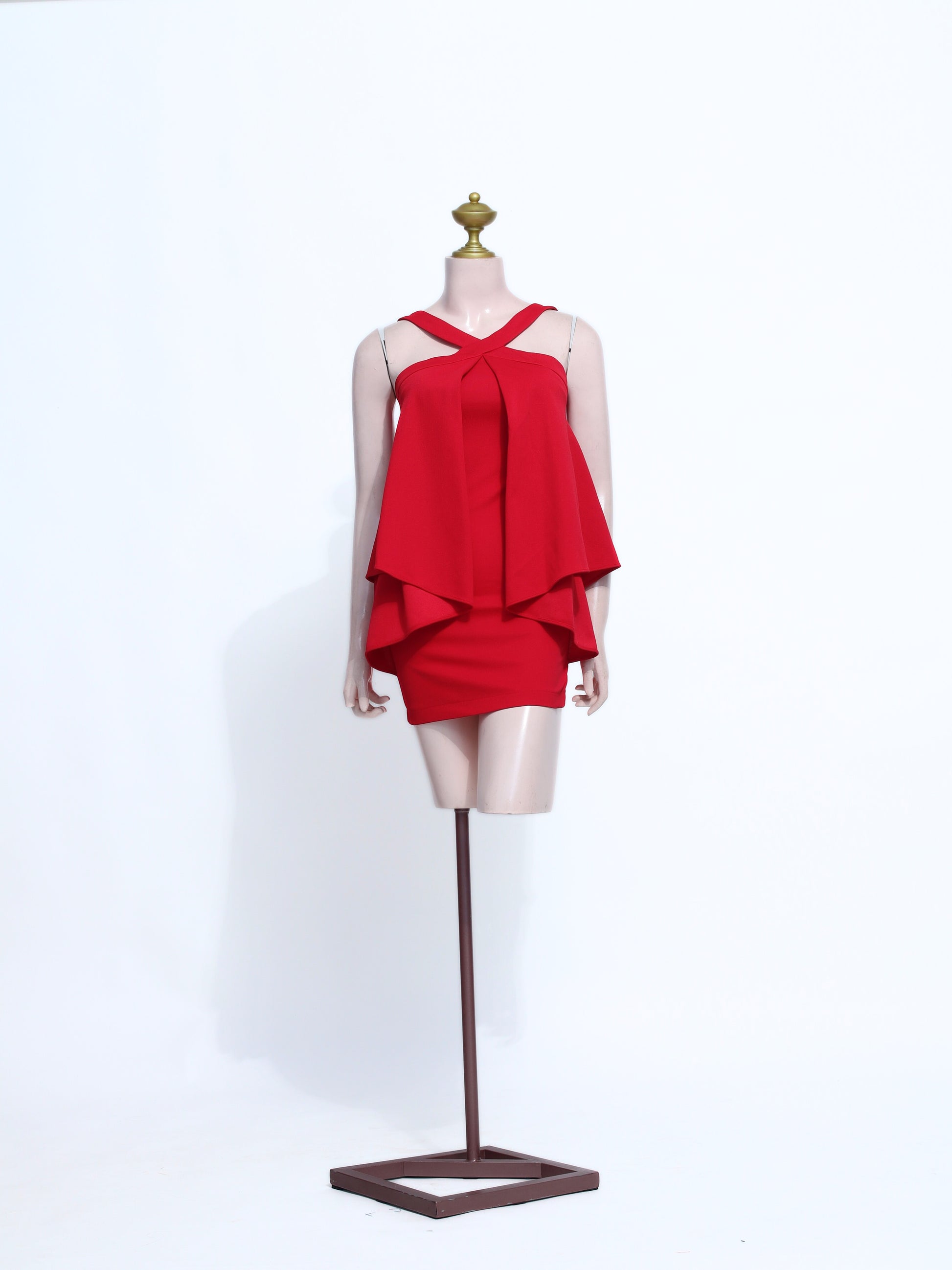 Vibrant Red Crisscross Halter Mini Dress | Layered Peplum Party Dress with Zipper Back - SR09