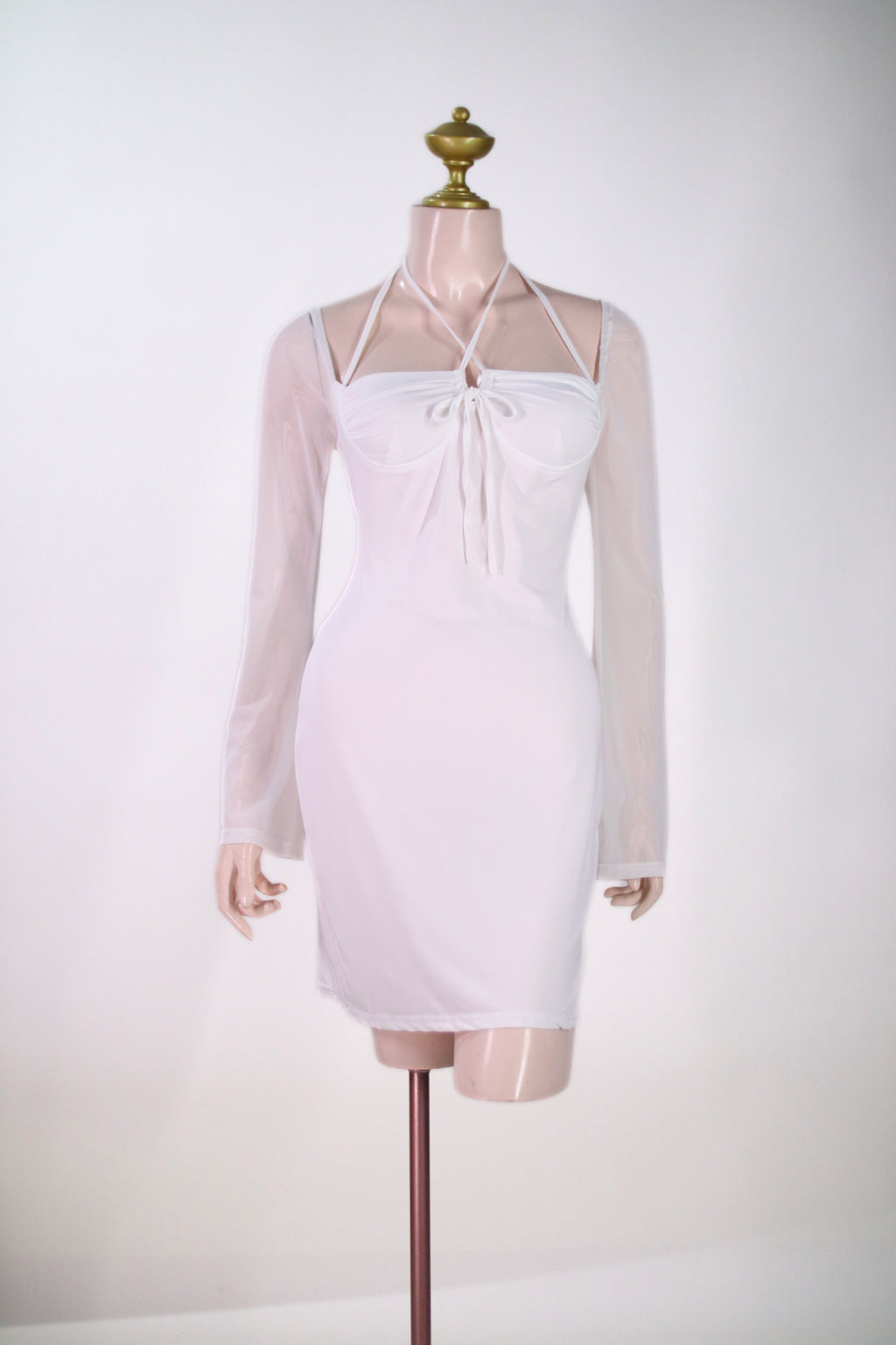White Sheer Sleeve Short Dress | Sweetheart Ruched Bust String Tie Detail - SW06