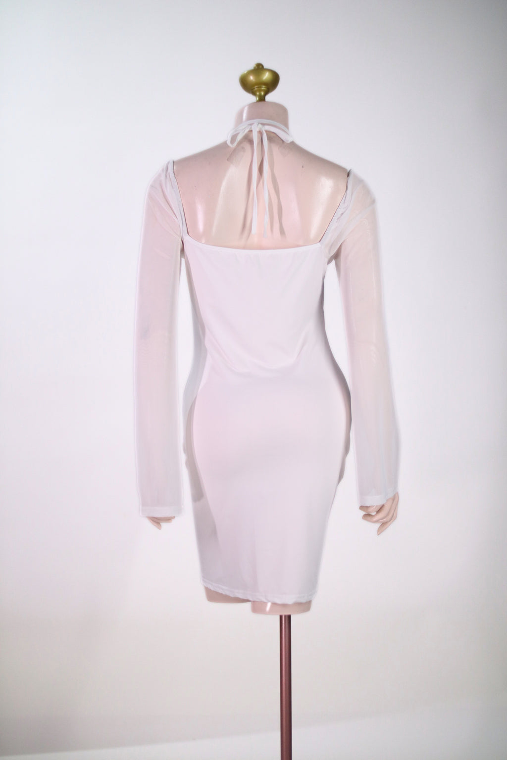 White Sheer Sleeve Short Dress | Sweetheart Ruched Bust String Tie Detail - SW06