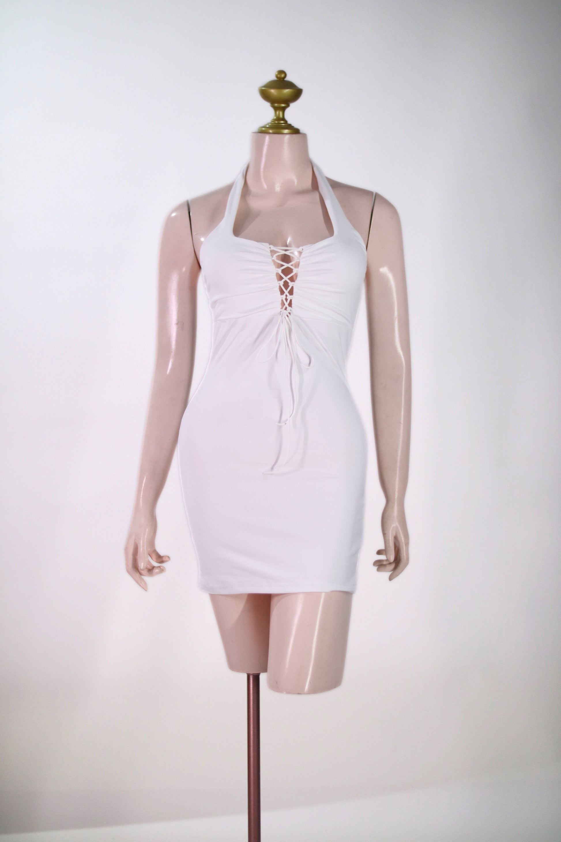 White Halter Mini Dress - Lace-Up Bust Detail - SW07