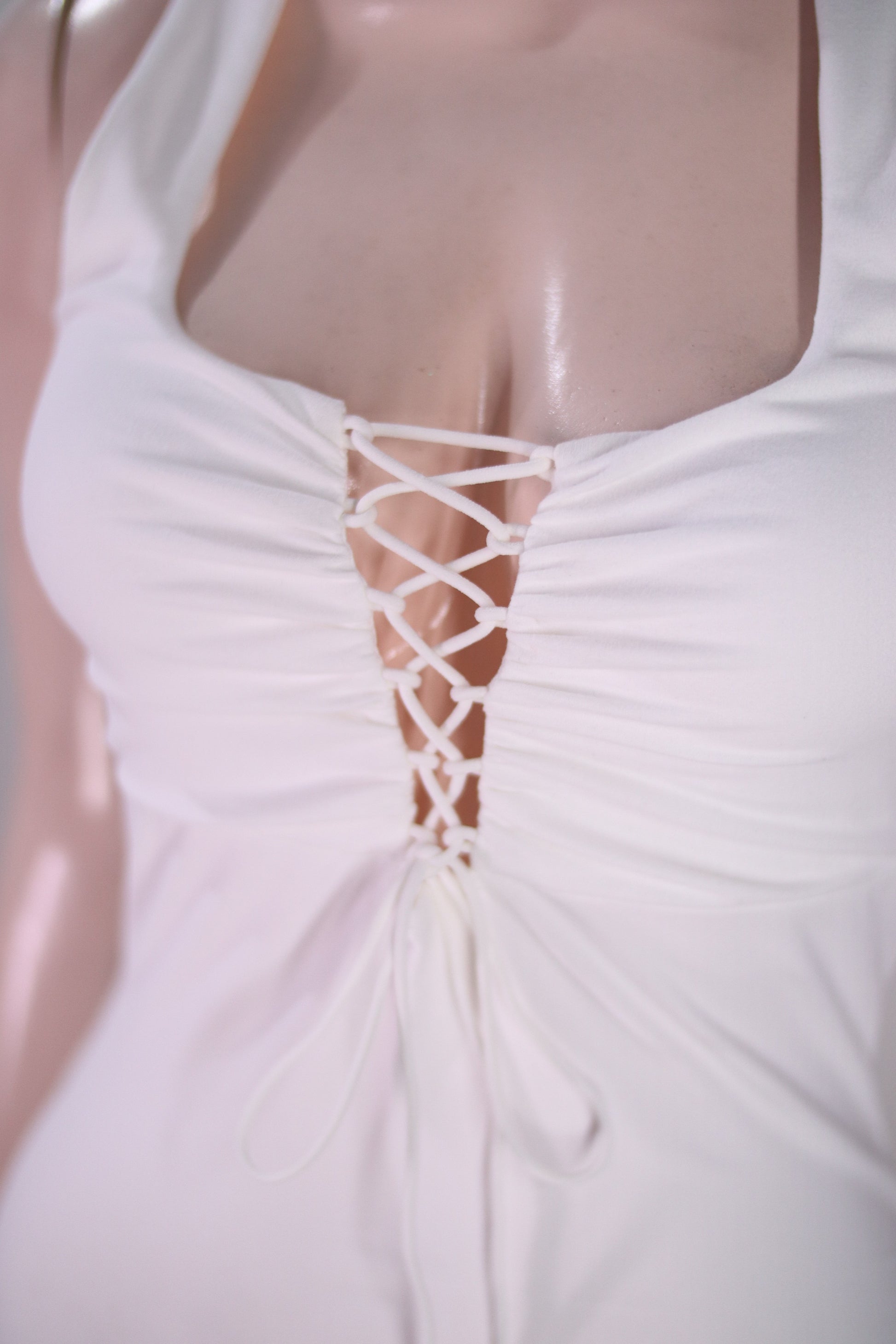 White Halter Mini Dress - Lace-Up Bust Detail - SW07