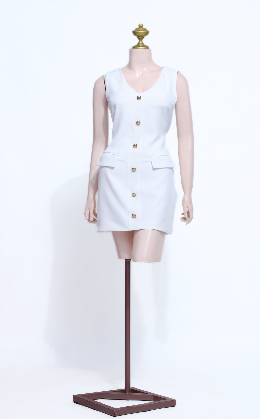 White Blazer Dress with Gold Buttons | Sleeveless V-Neck Sheath Mini - SW15