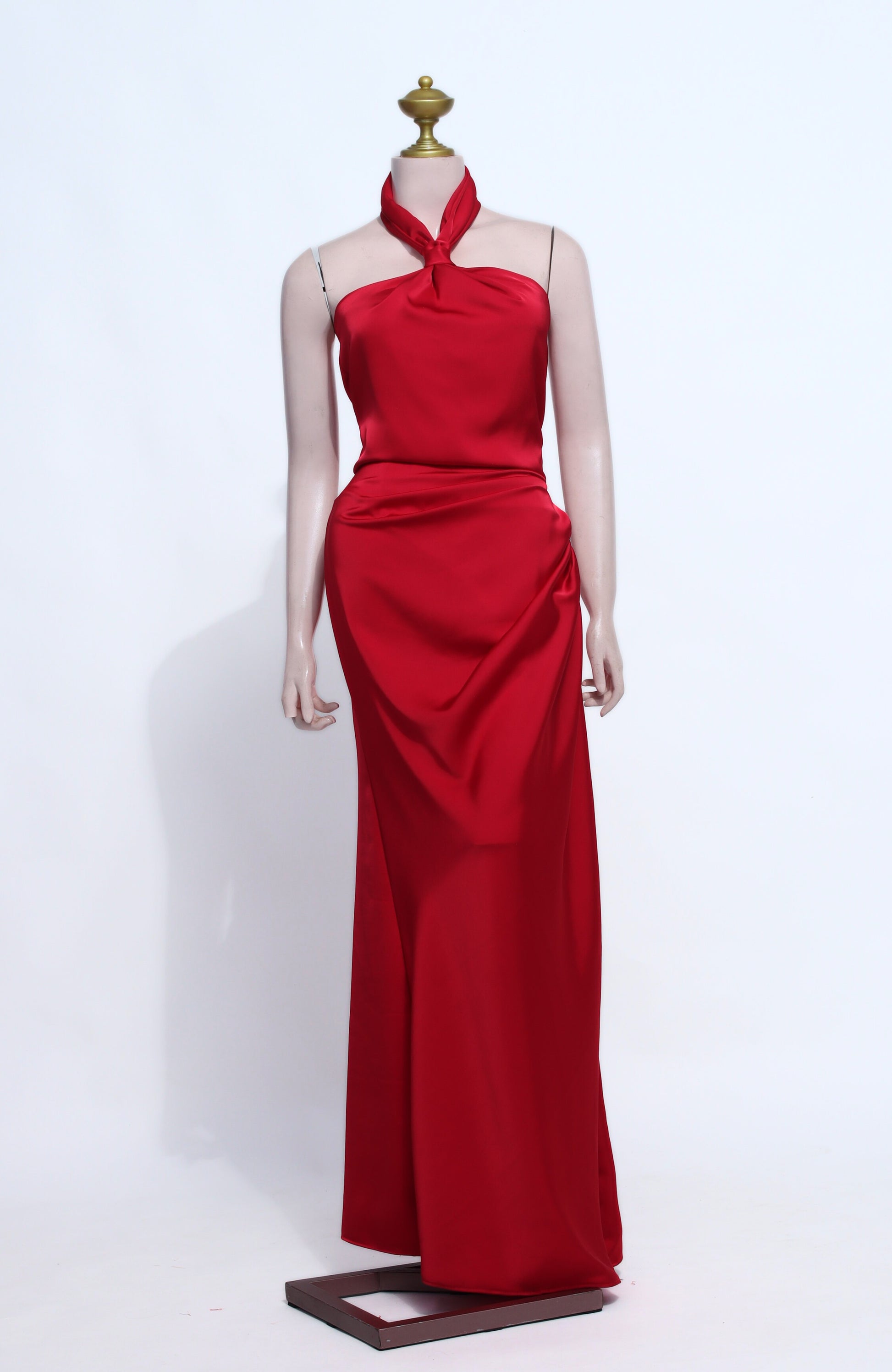 Red Halter Neck Formal Dress | Zipper Back Satin - R08